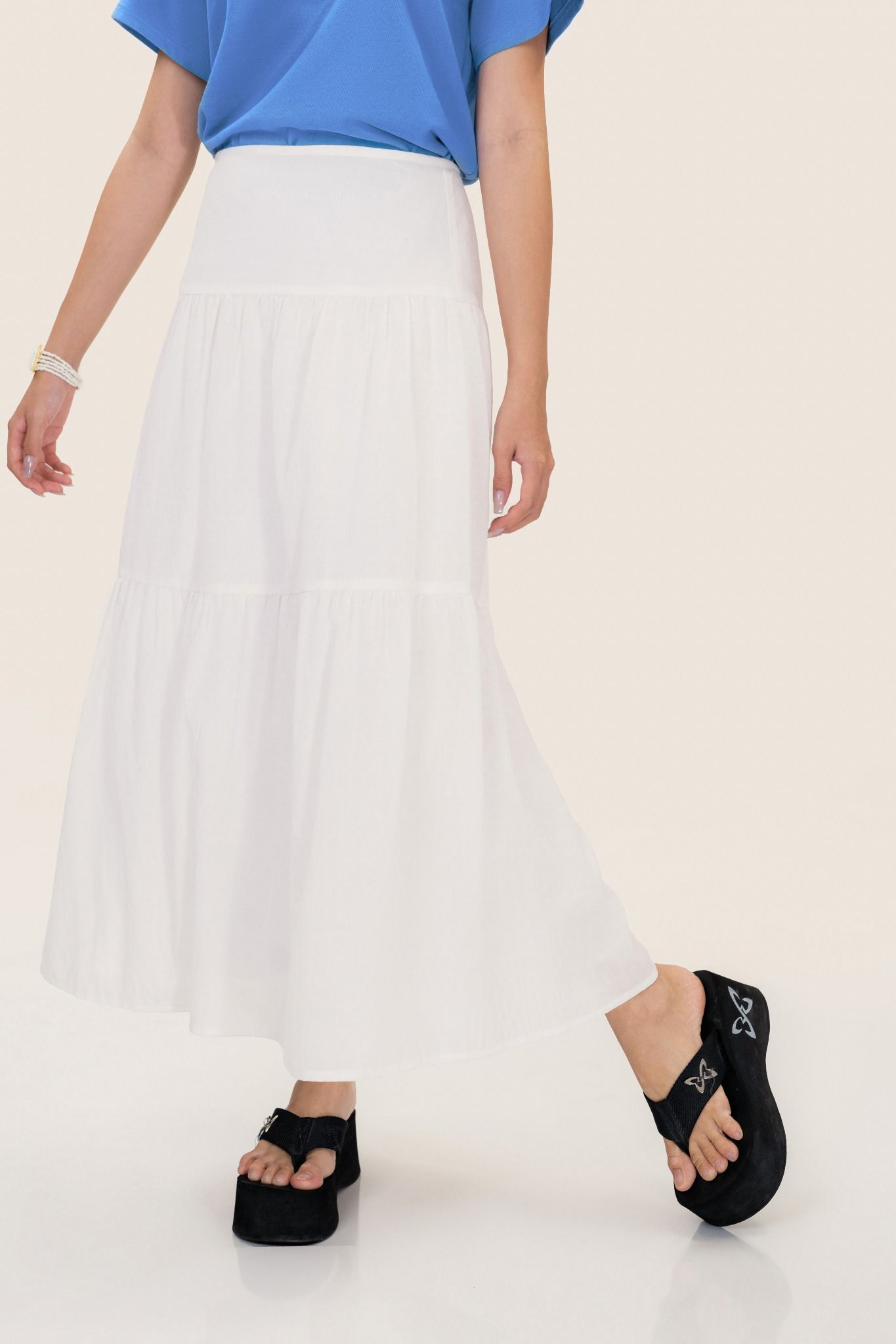 White Tiered Embroidered Midi Skirt