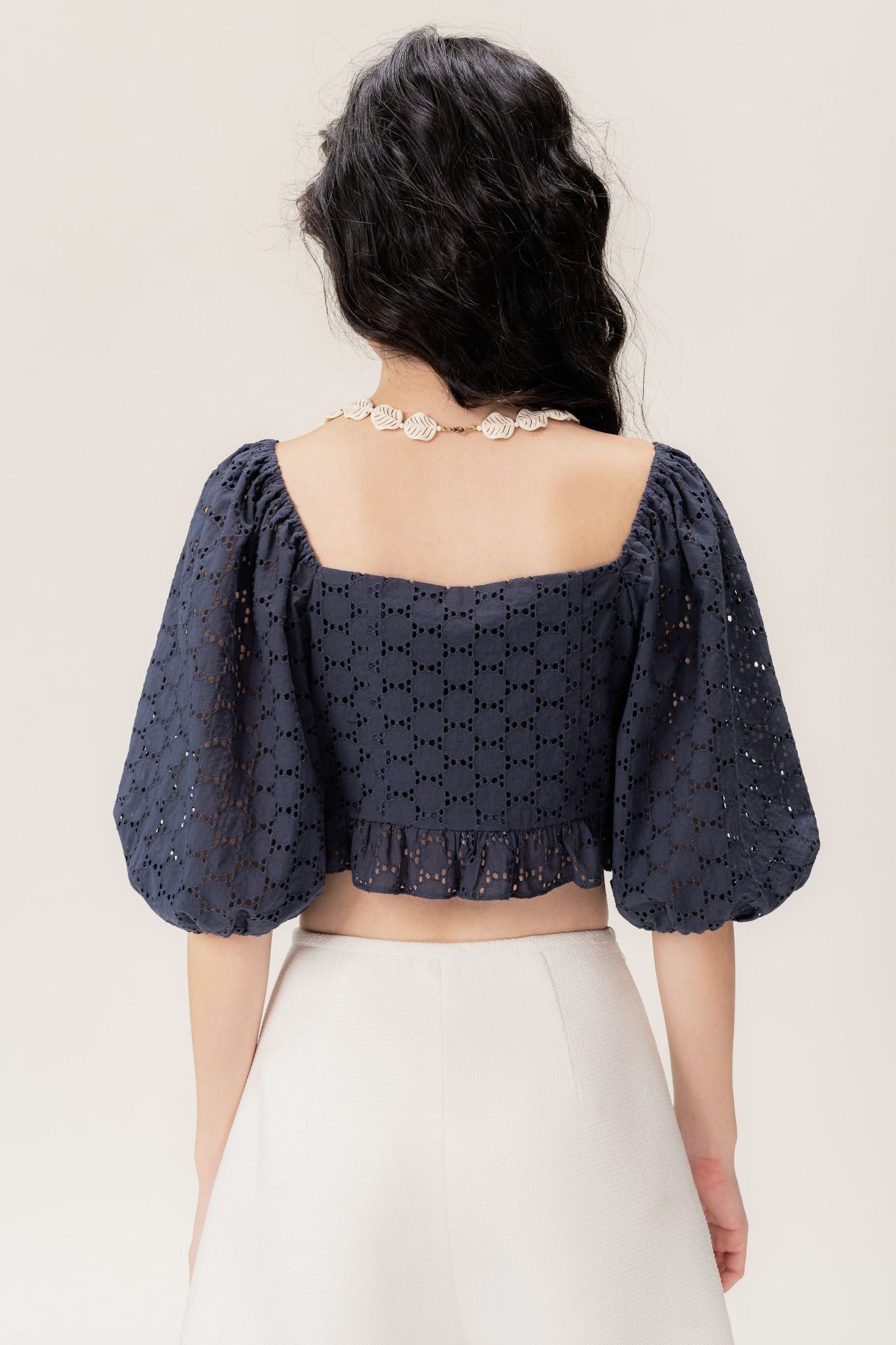  Navy Embroidered Puff Sleeve Top 