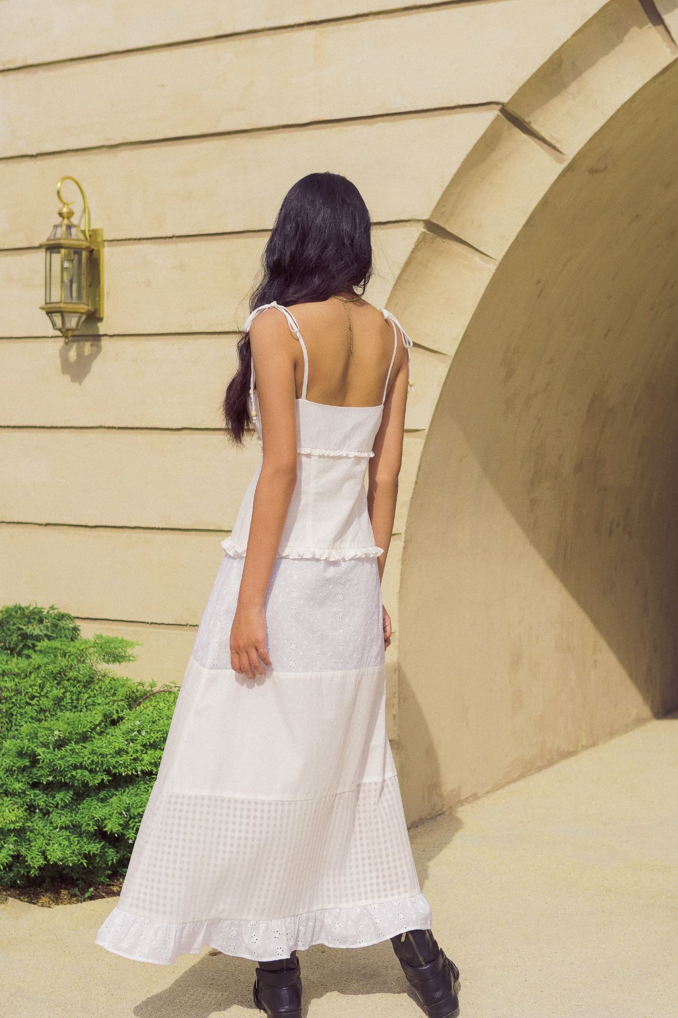  White Patchwork Strappy Maxi Dress 