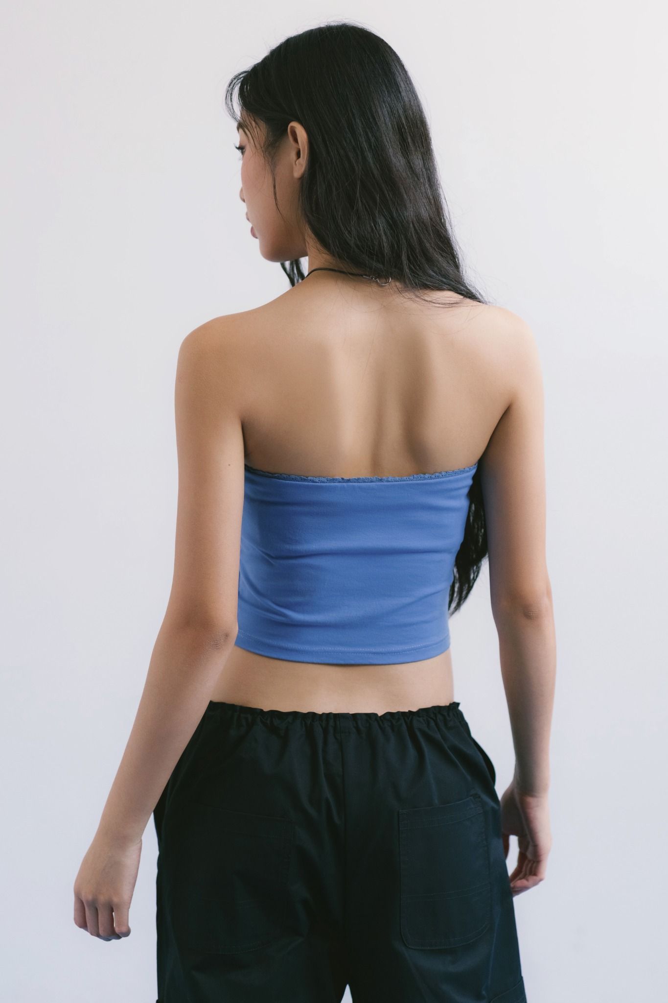  Blue Lace Trim Fitted Tube Top 