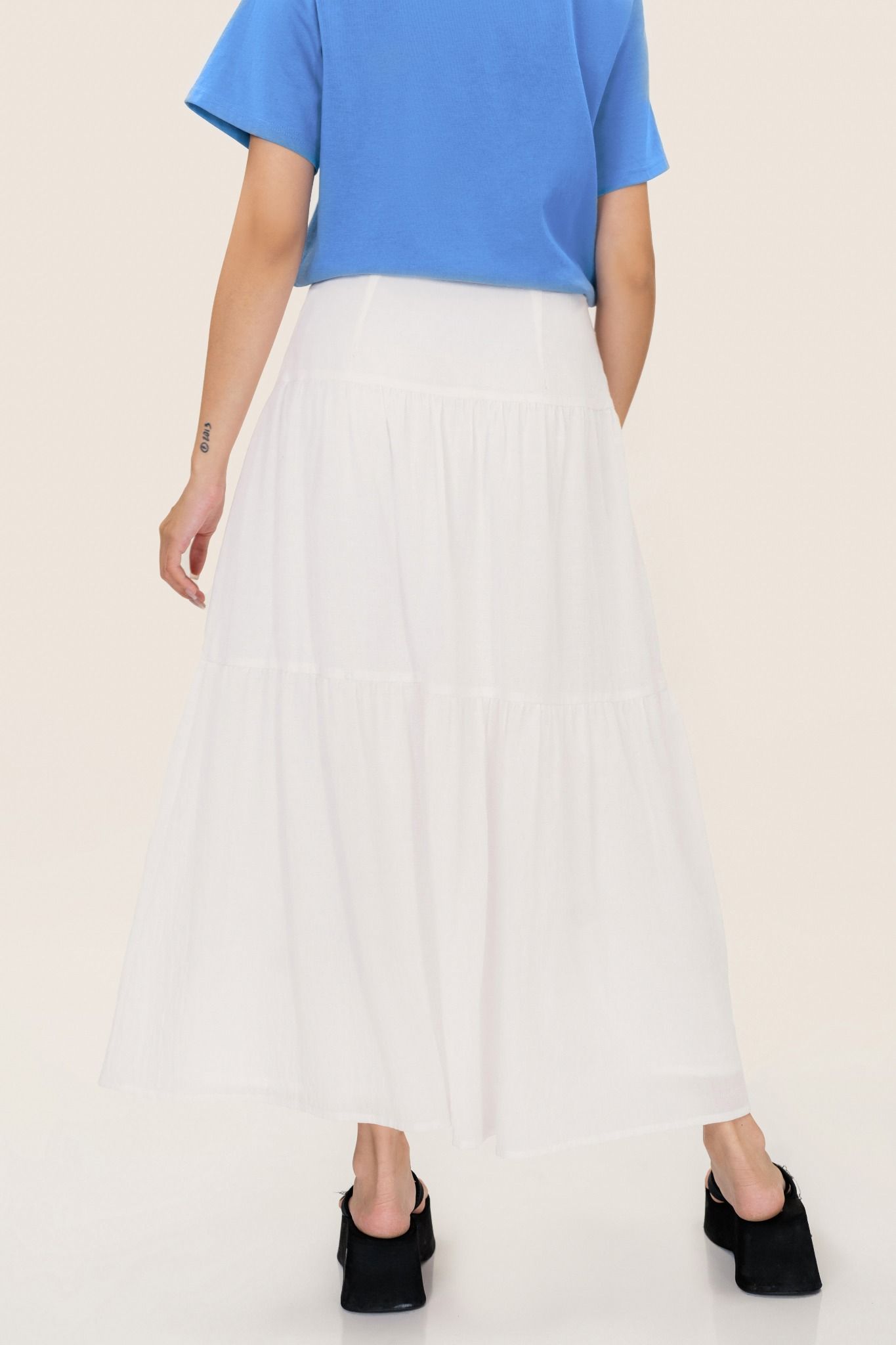  White Tiered Embroidered Midi Skirt 