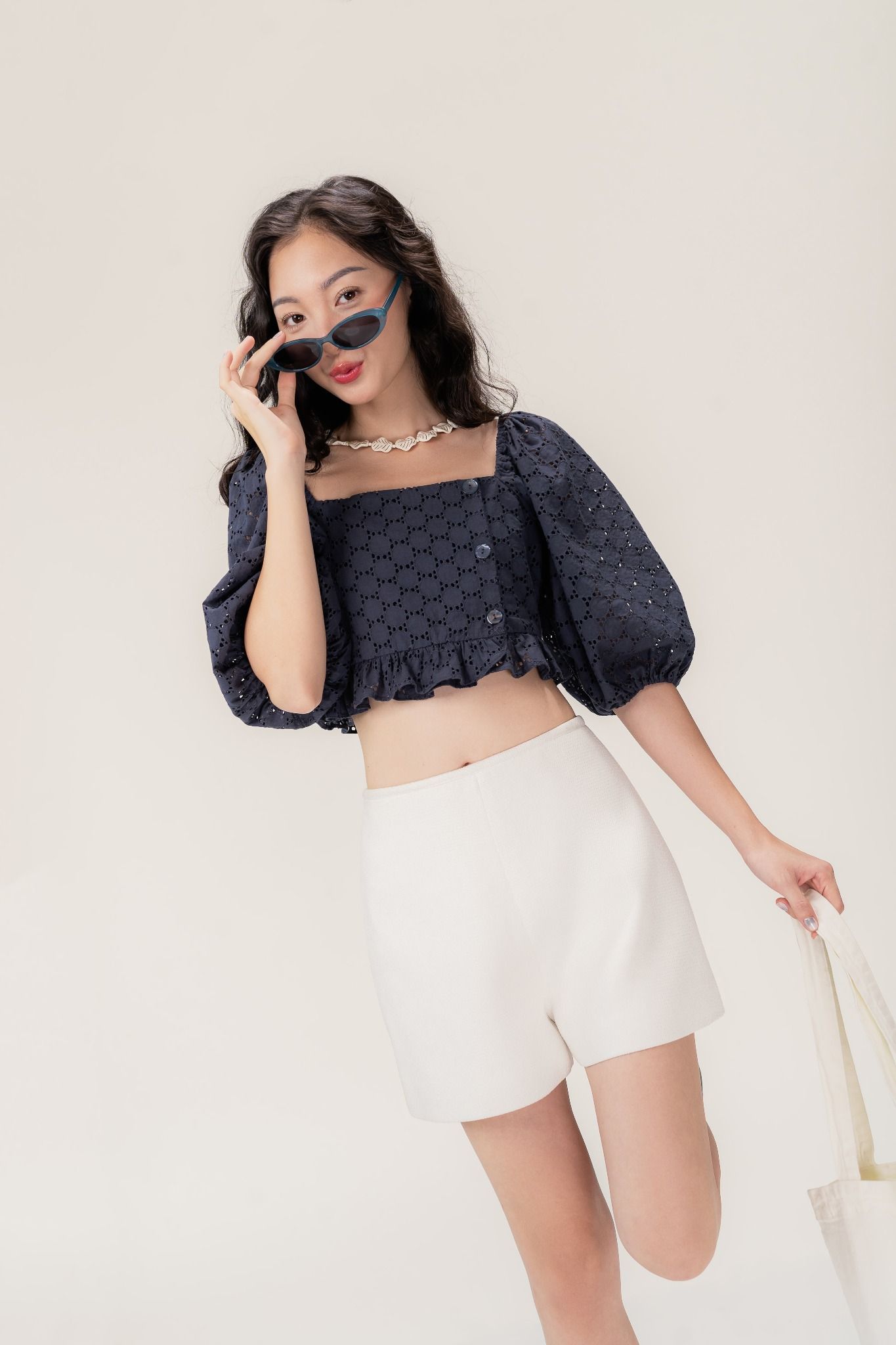  Navy Embroidered Puff Sleeve Top 