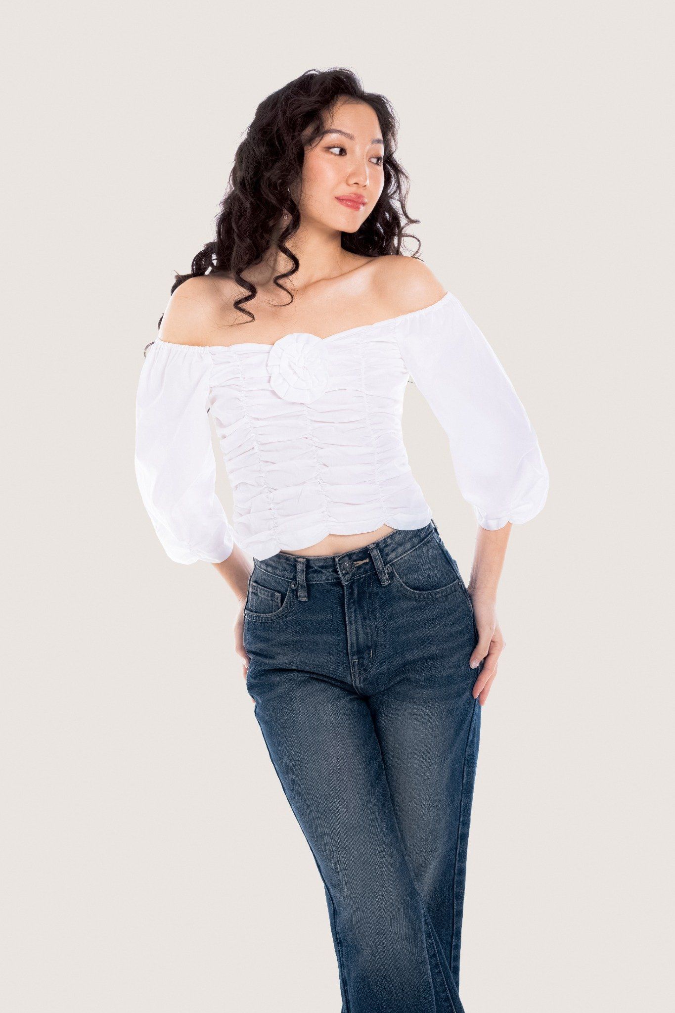  White Off Shoulder Flower Embellished Ruched Top 