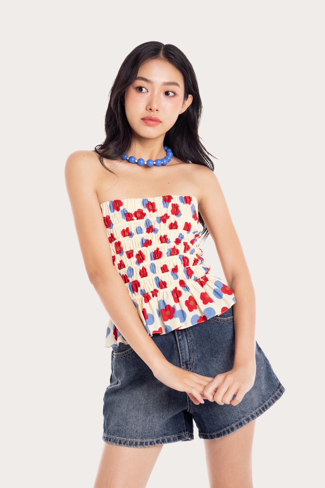  Scarlet Blue Floral Smock Tube Top 