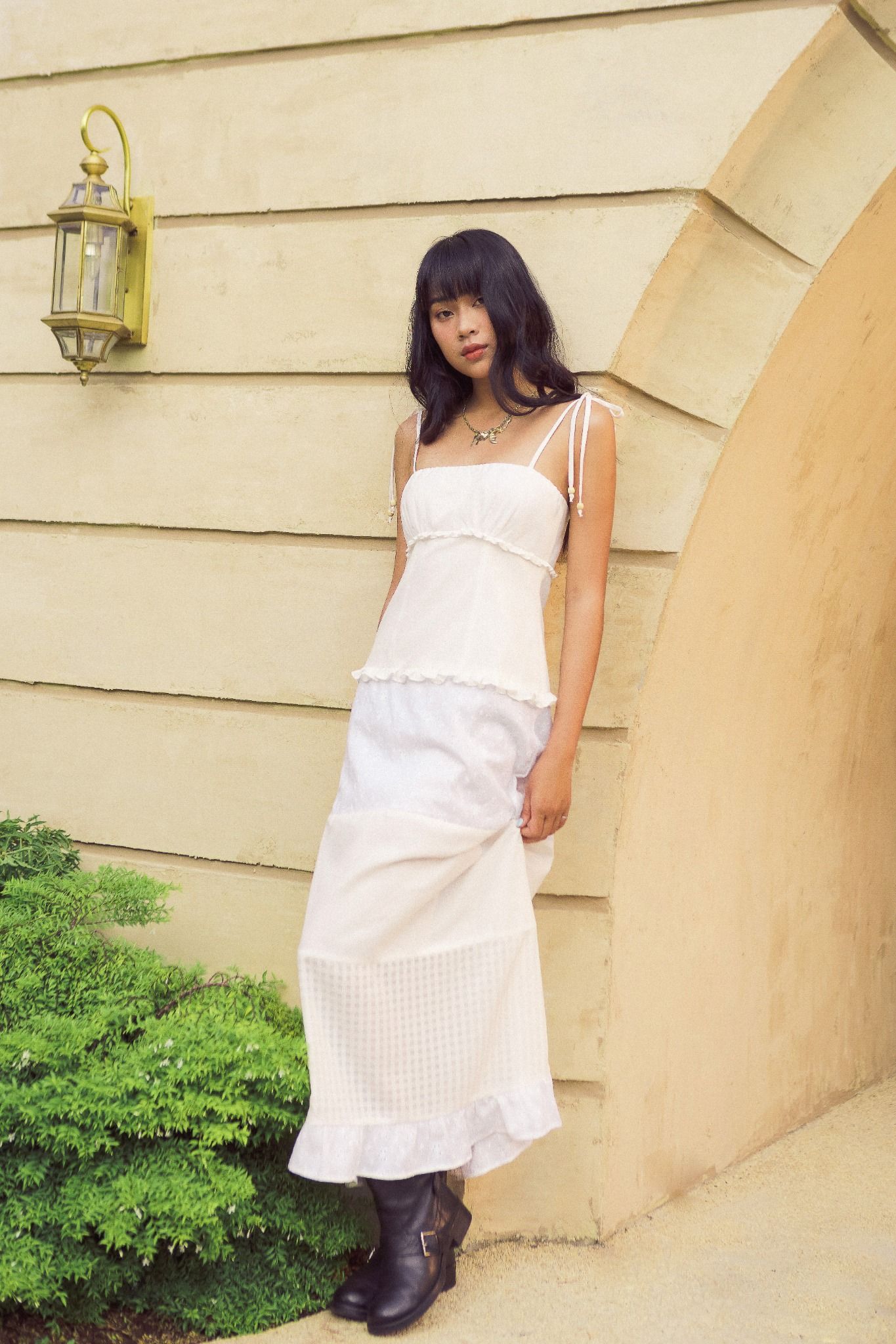  White Patchwork Strappy Maxi Dress 