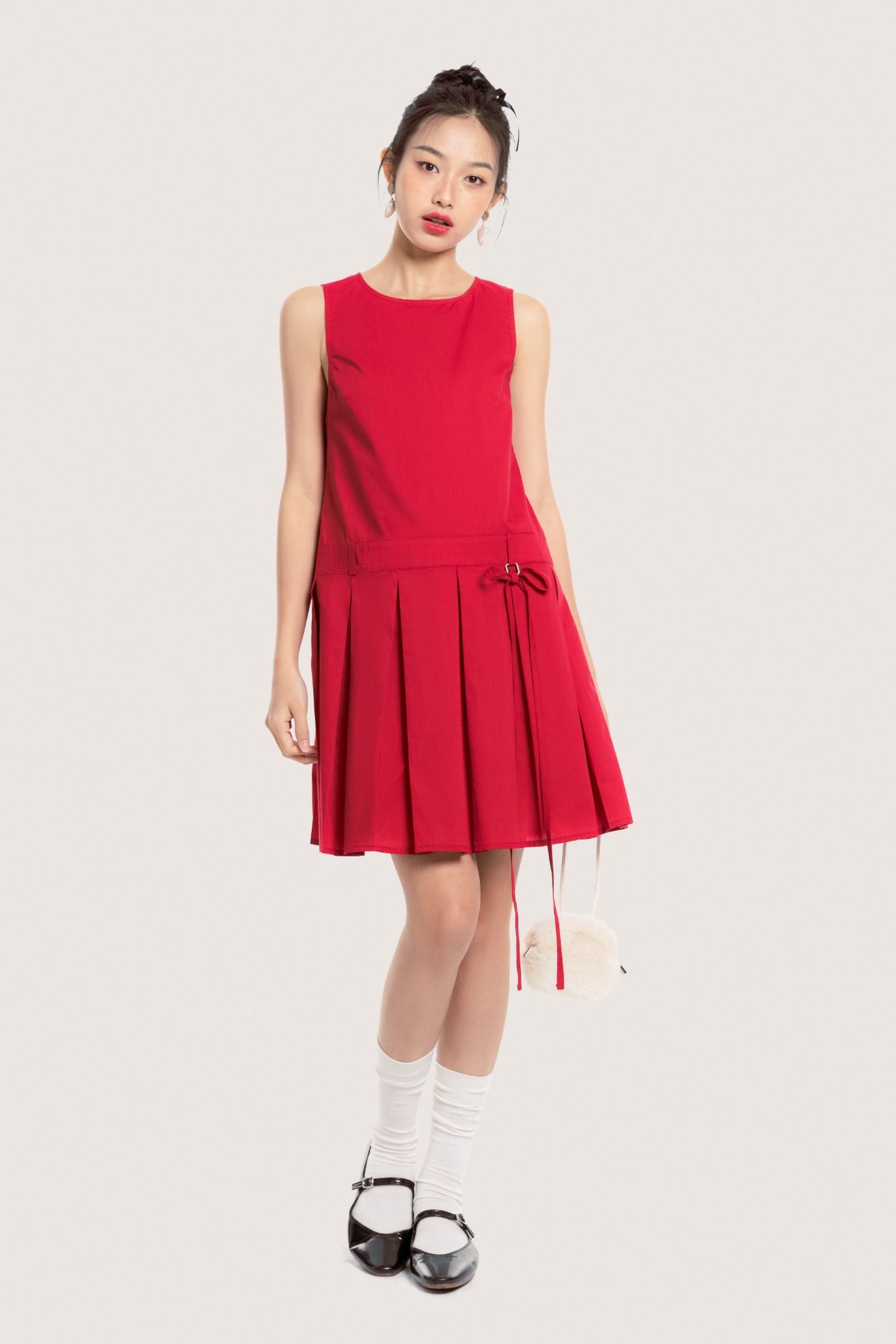  Red Sleeveless Pleated Bow Mini Dress 