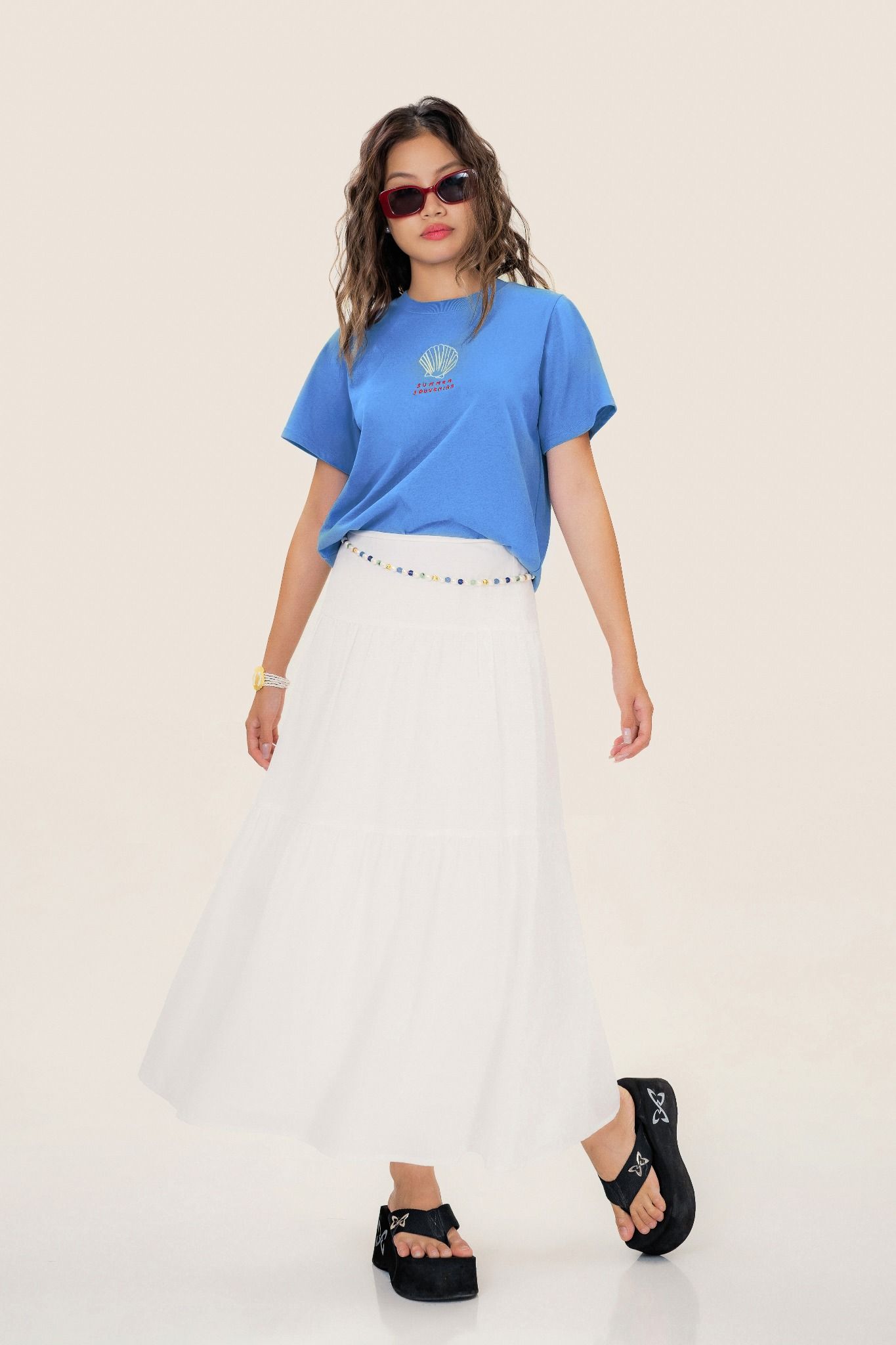  White Tiered Embroidered Midi Skirt 