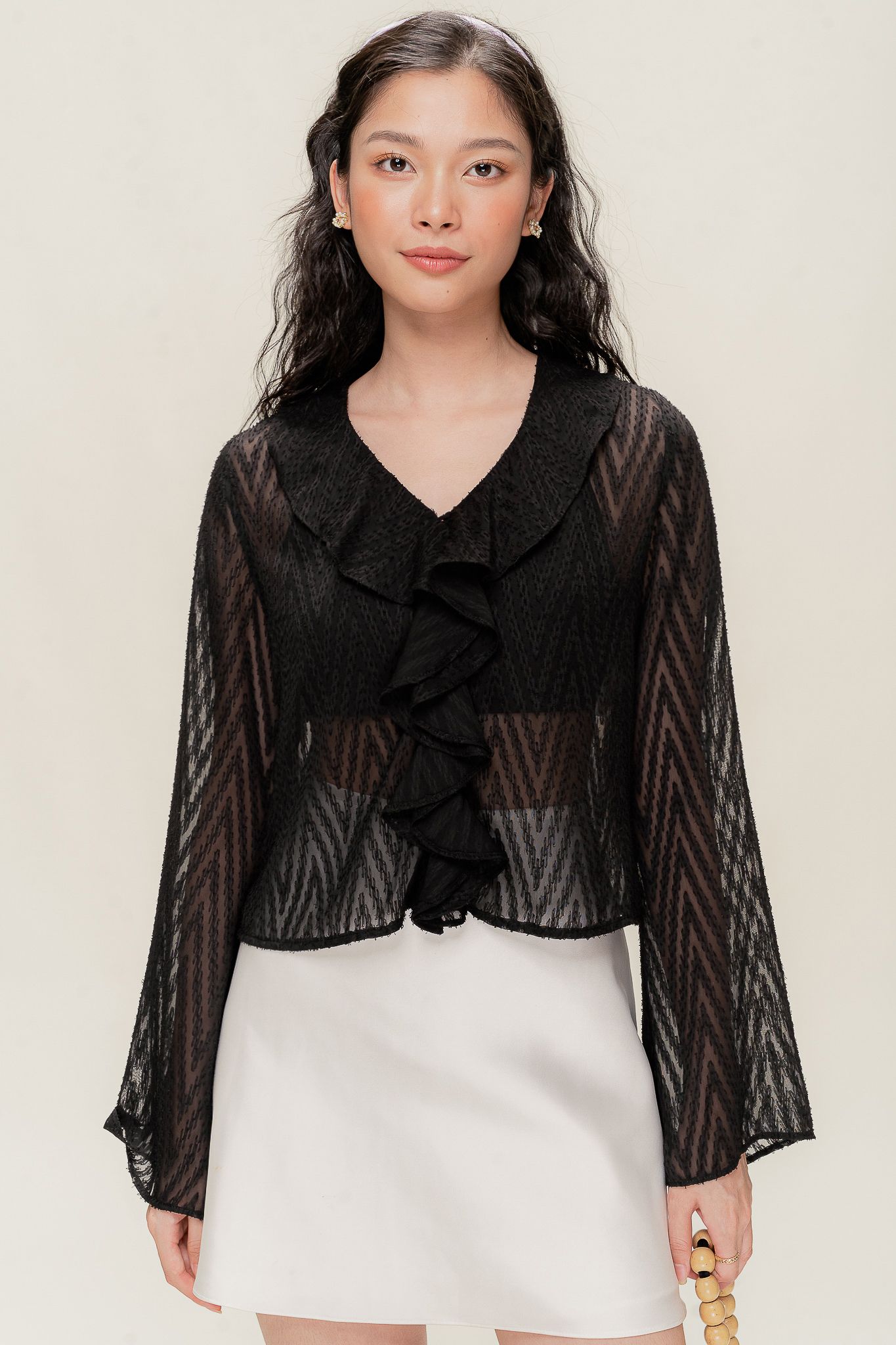  Black Sheer Ruffle Blouse 