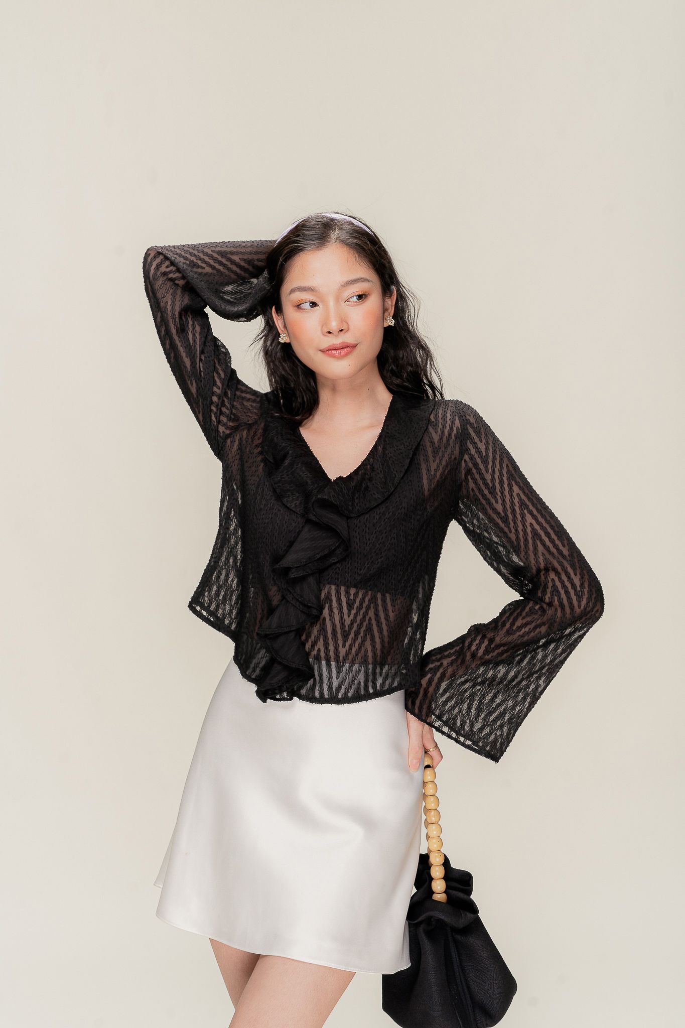  Black Sheer Ruffle Blouse 