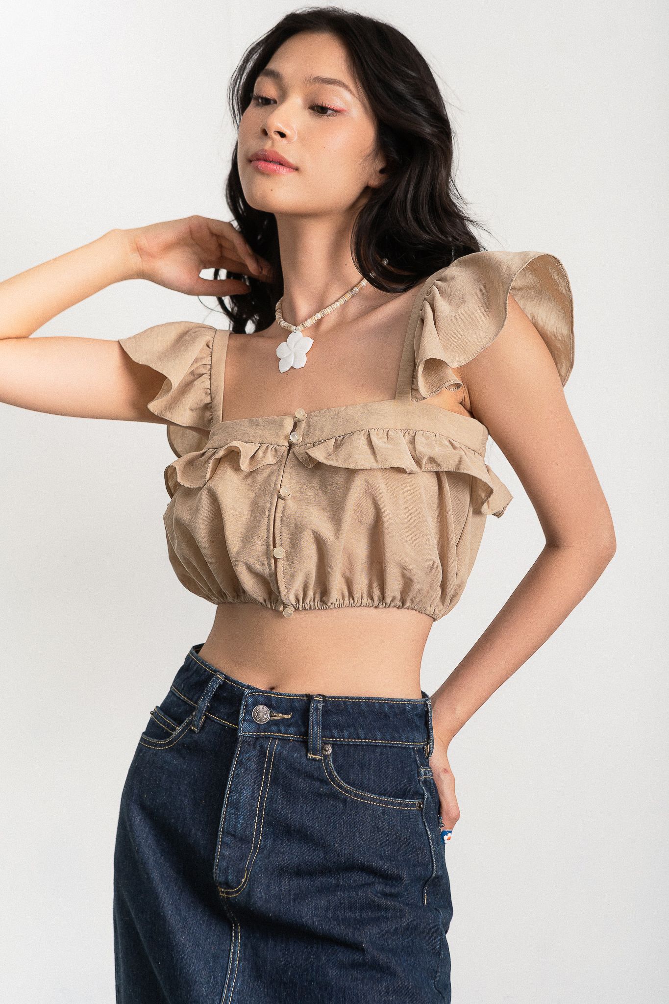  Ruffle Crop Top - Brown 