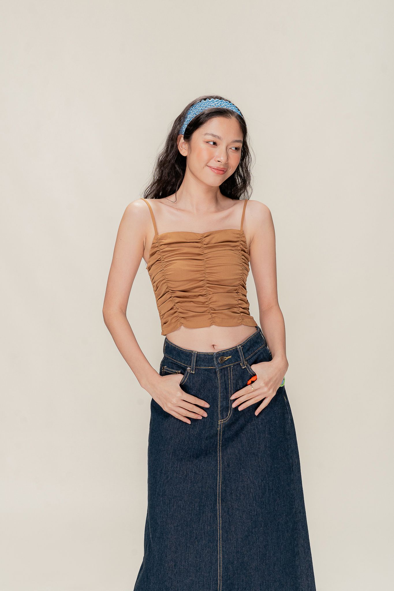  Mustard Brown Ruched Cami Top 