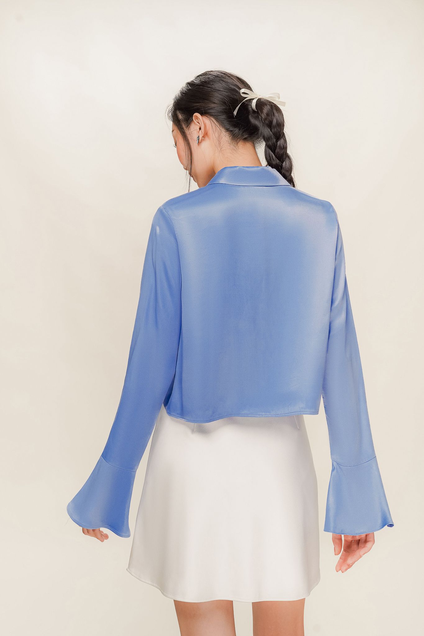  Cornflower Blue Flared Sleeve Silk Top 