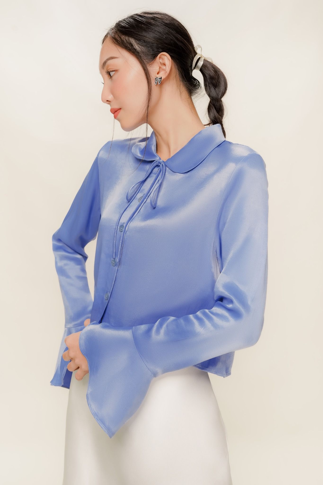  Cornflower Blue Flared Sleeve Silk Top 