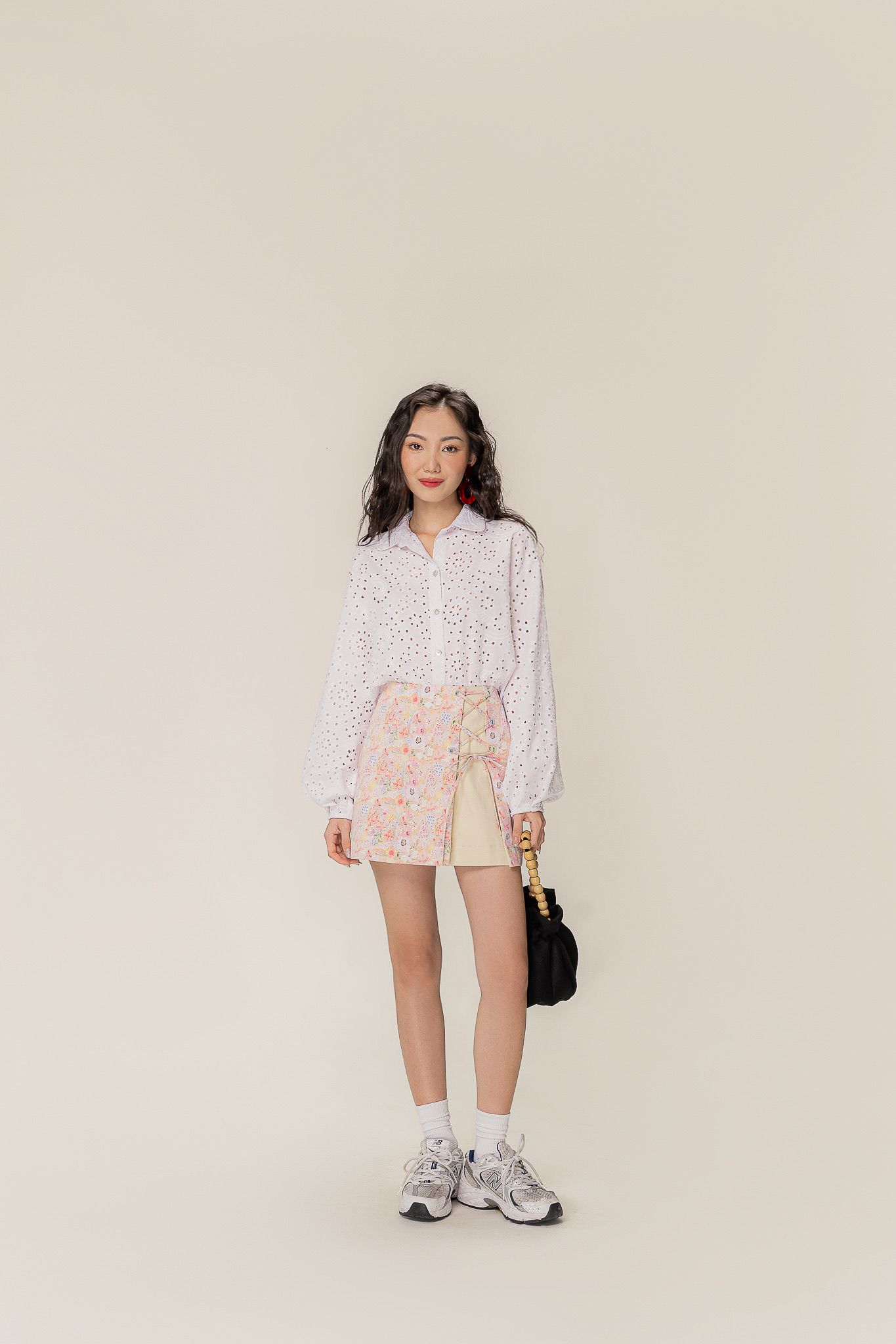  White Embroidered Long Puff Sleeve Shirt 