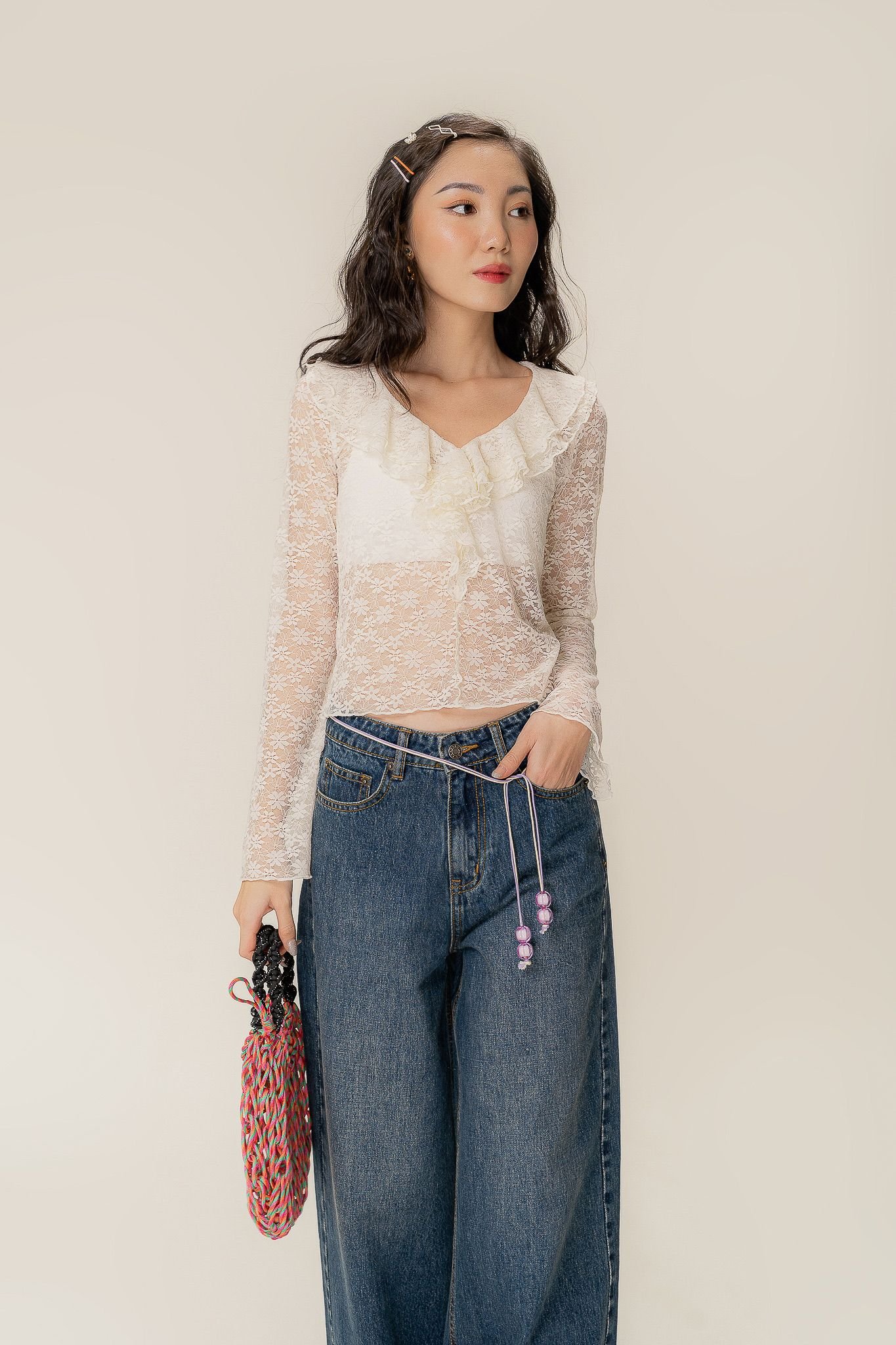  Floral Lace Soft Ruffle Top 