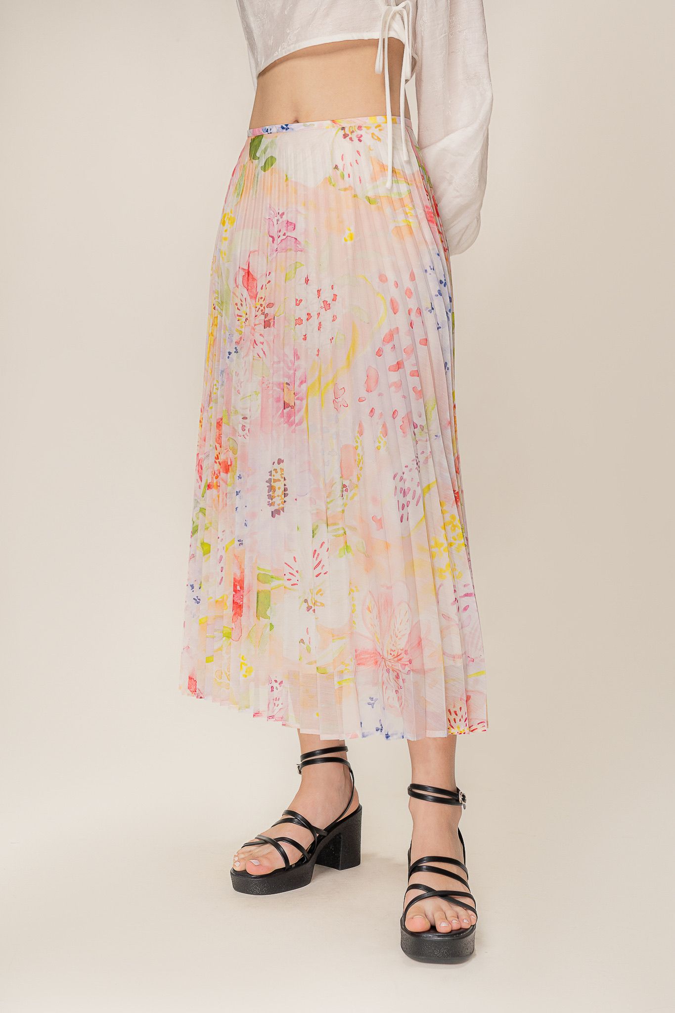  Floral Printed Pleated Midi Skirt 