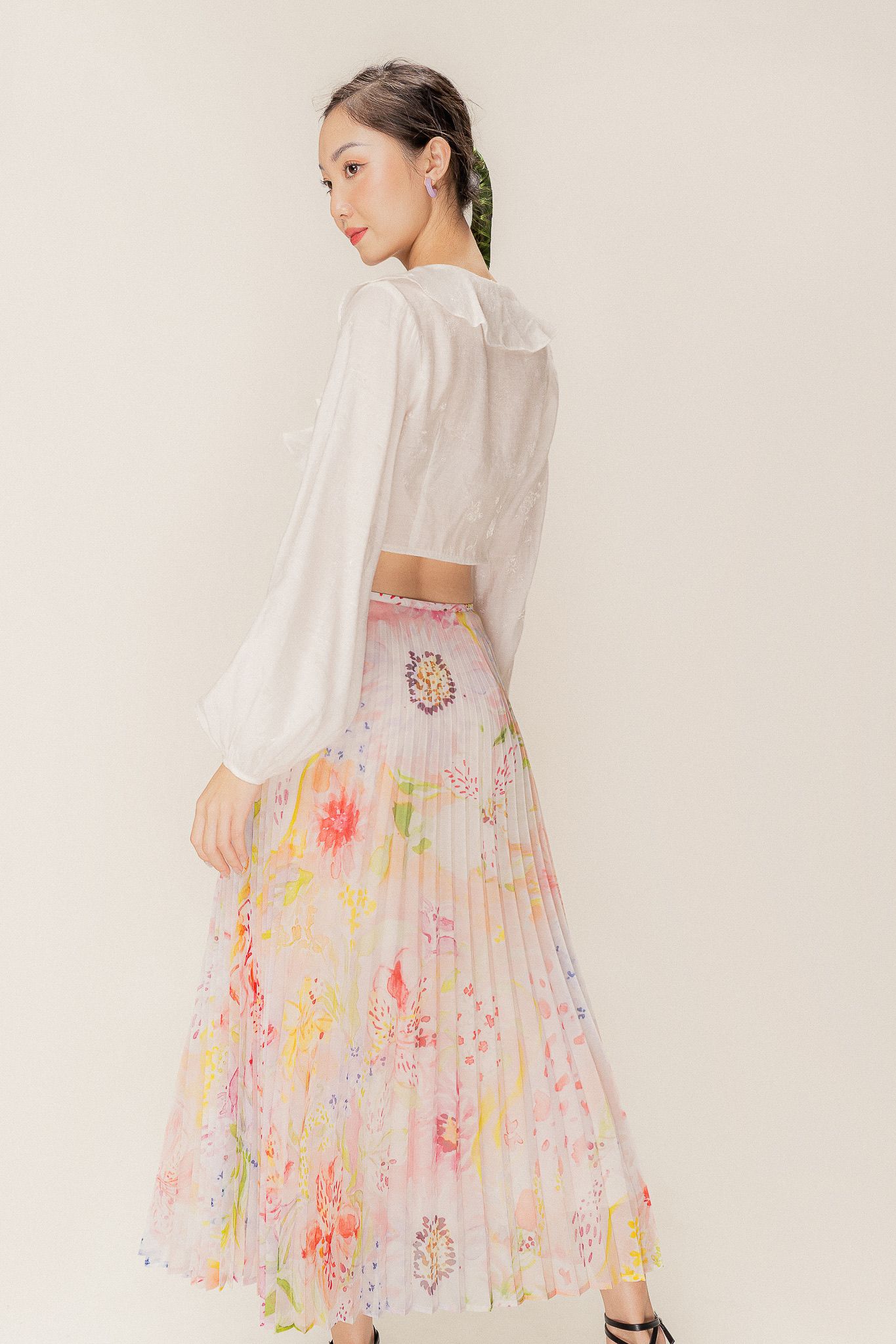  Floral Printed Pleated Midi Skirt 