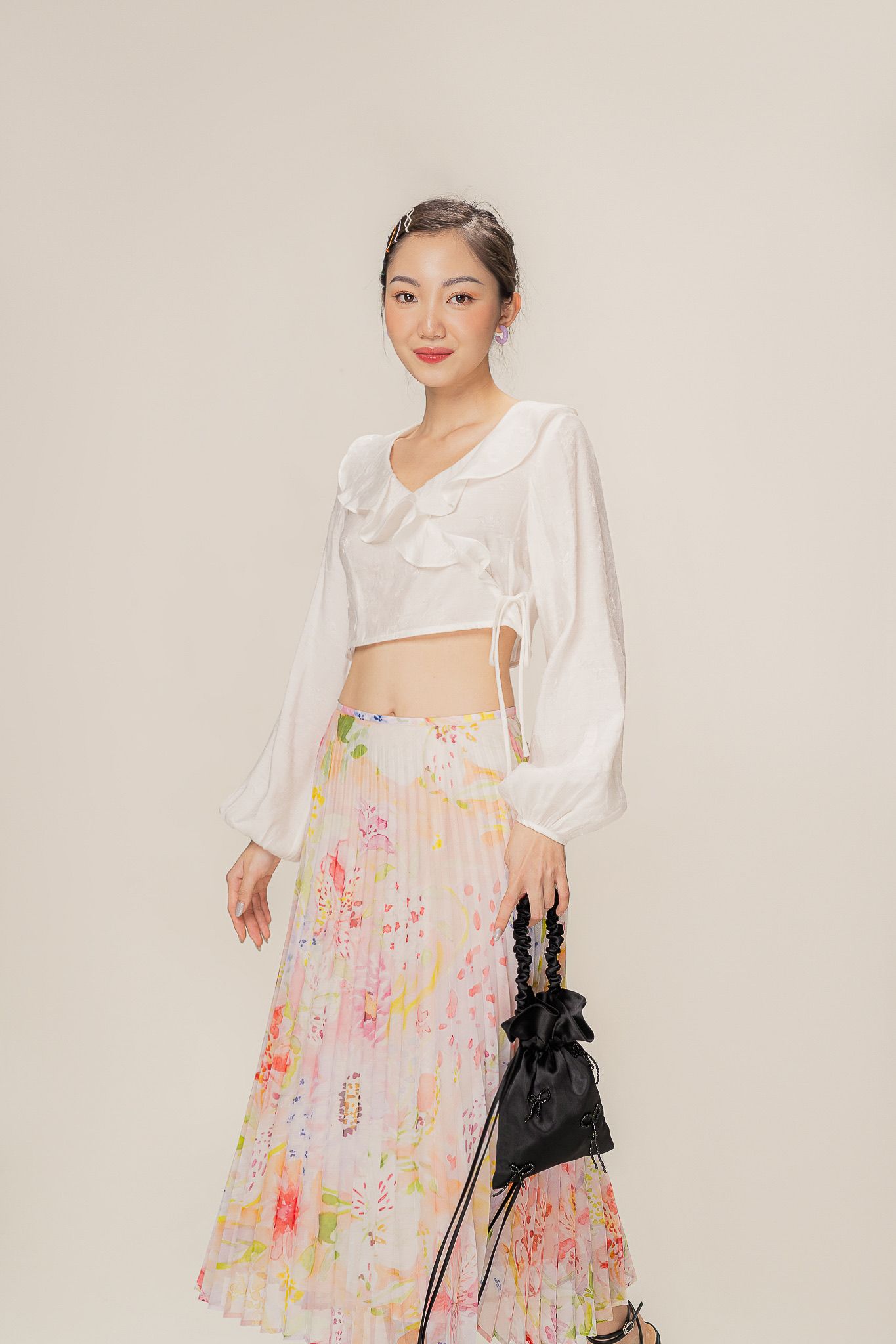  Floral Printed Pleated Midi Skirt 