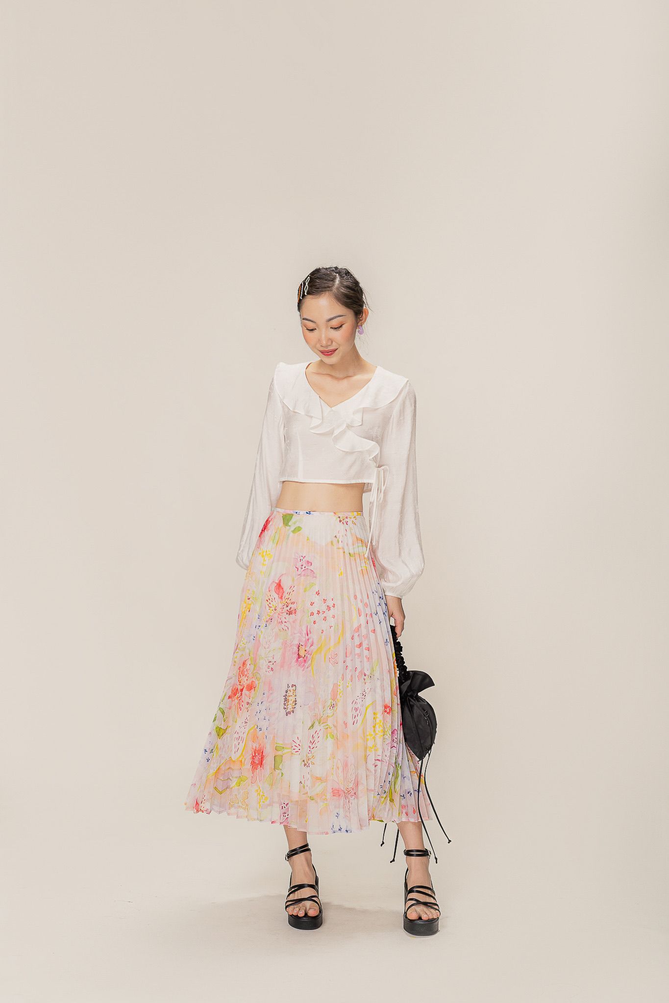  Floral Printed Pleated Midi Skirt 