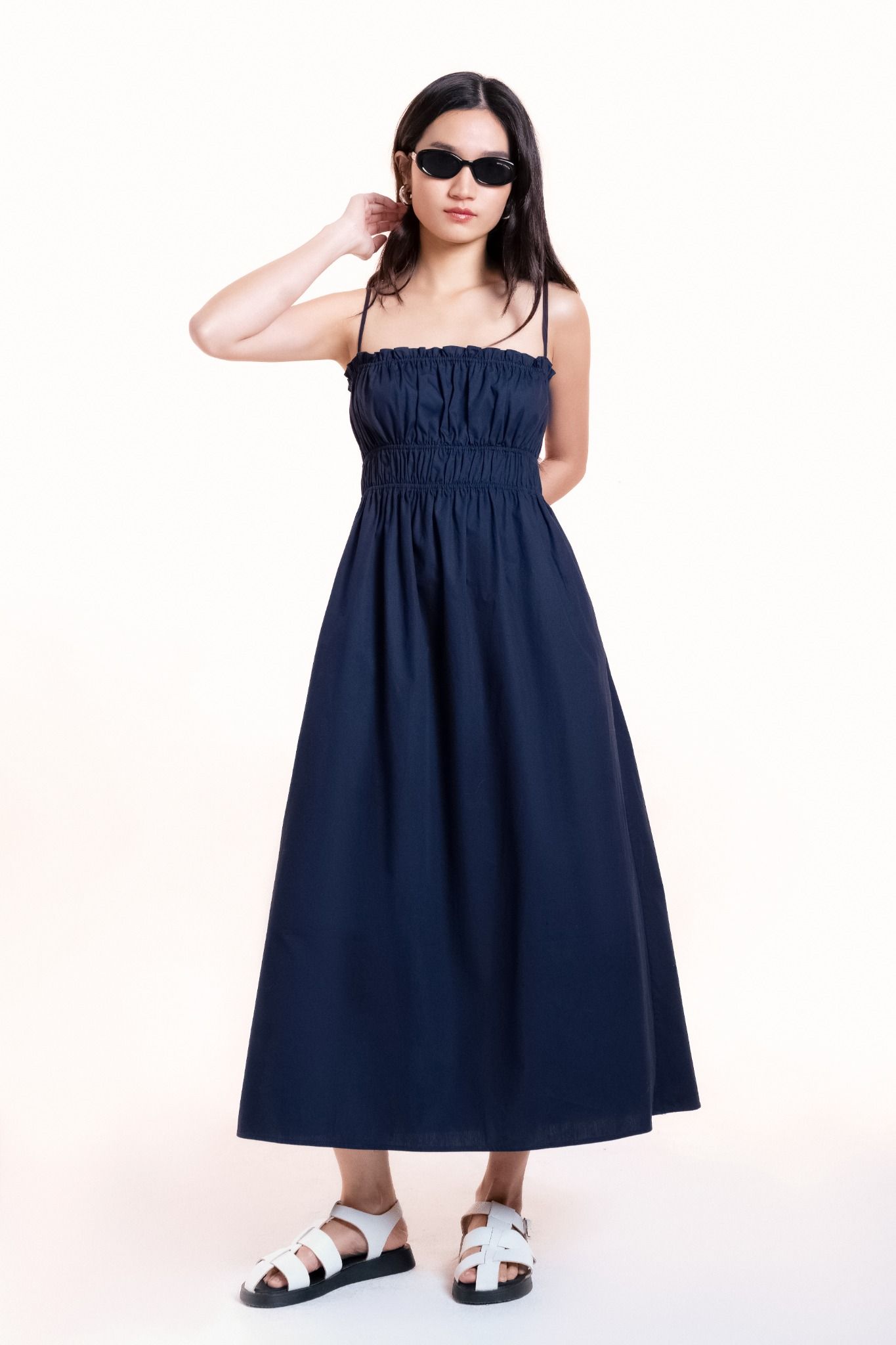  Navy Smock Strappy Midi Dress 