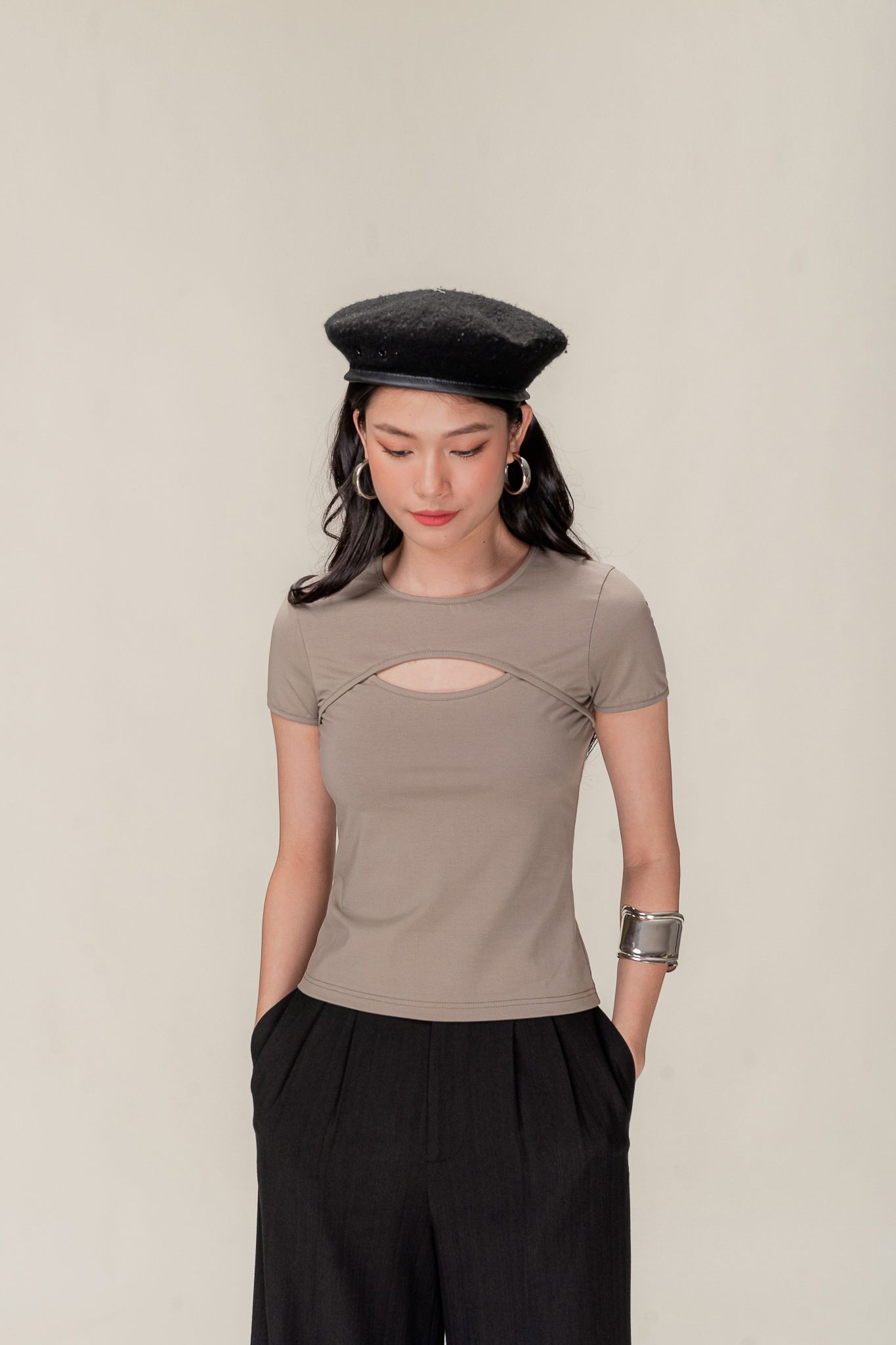  Sandy Grey Cut Out Short Sleeve Top 