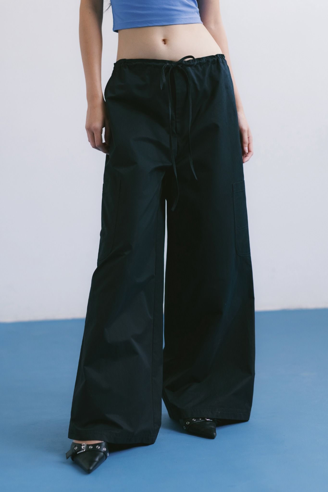  Black Drawstring Wide Leg Cargo Pants 