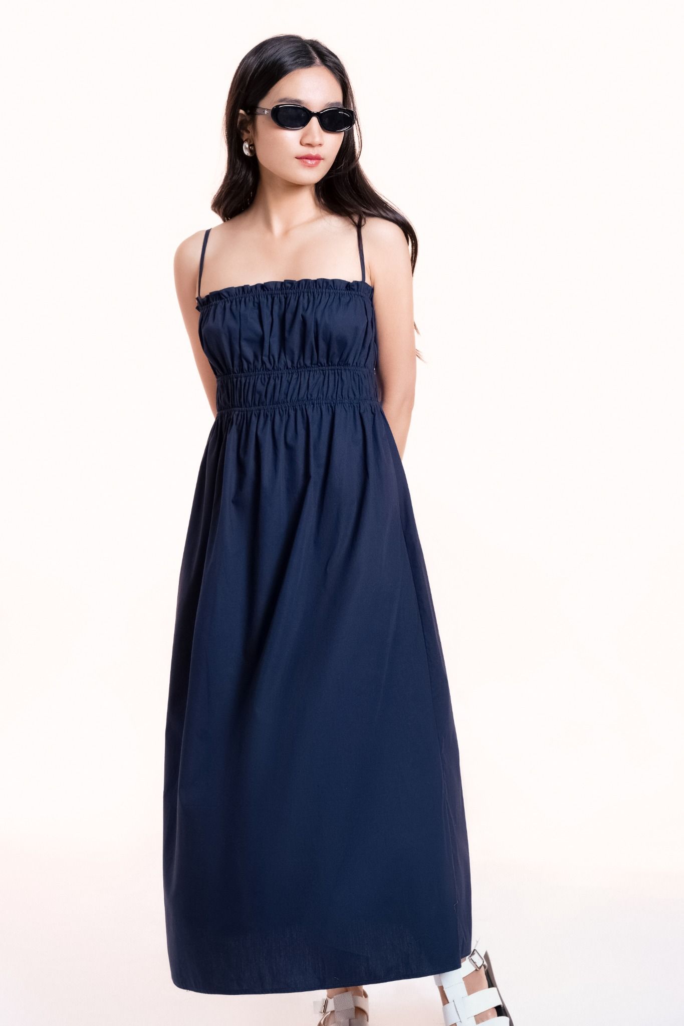  Navy Smock Strappy Midi Dress 