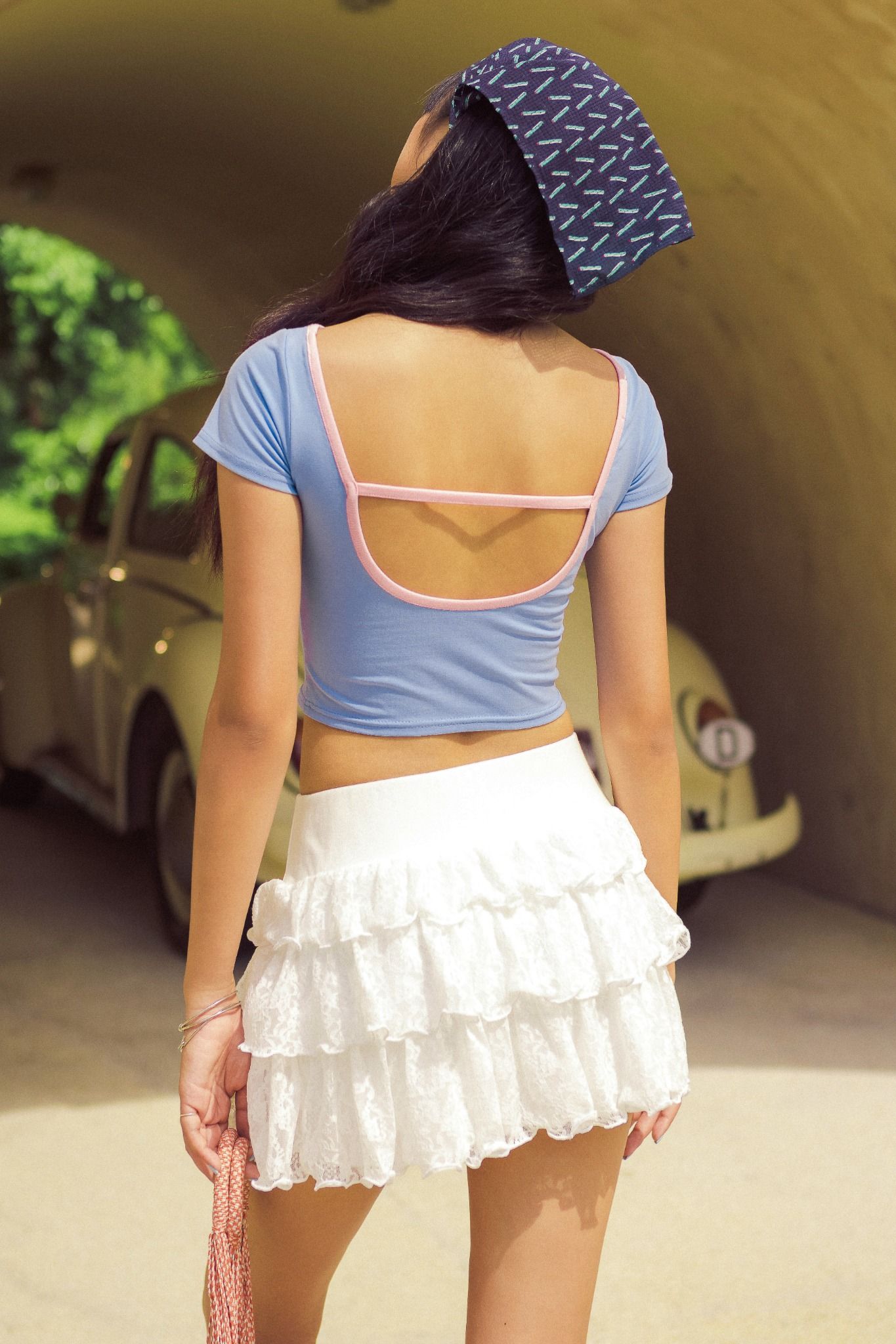  Blue Sea Animals Printed Pink Collar Crop Top 