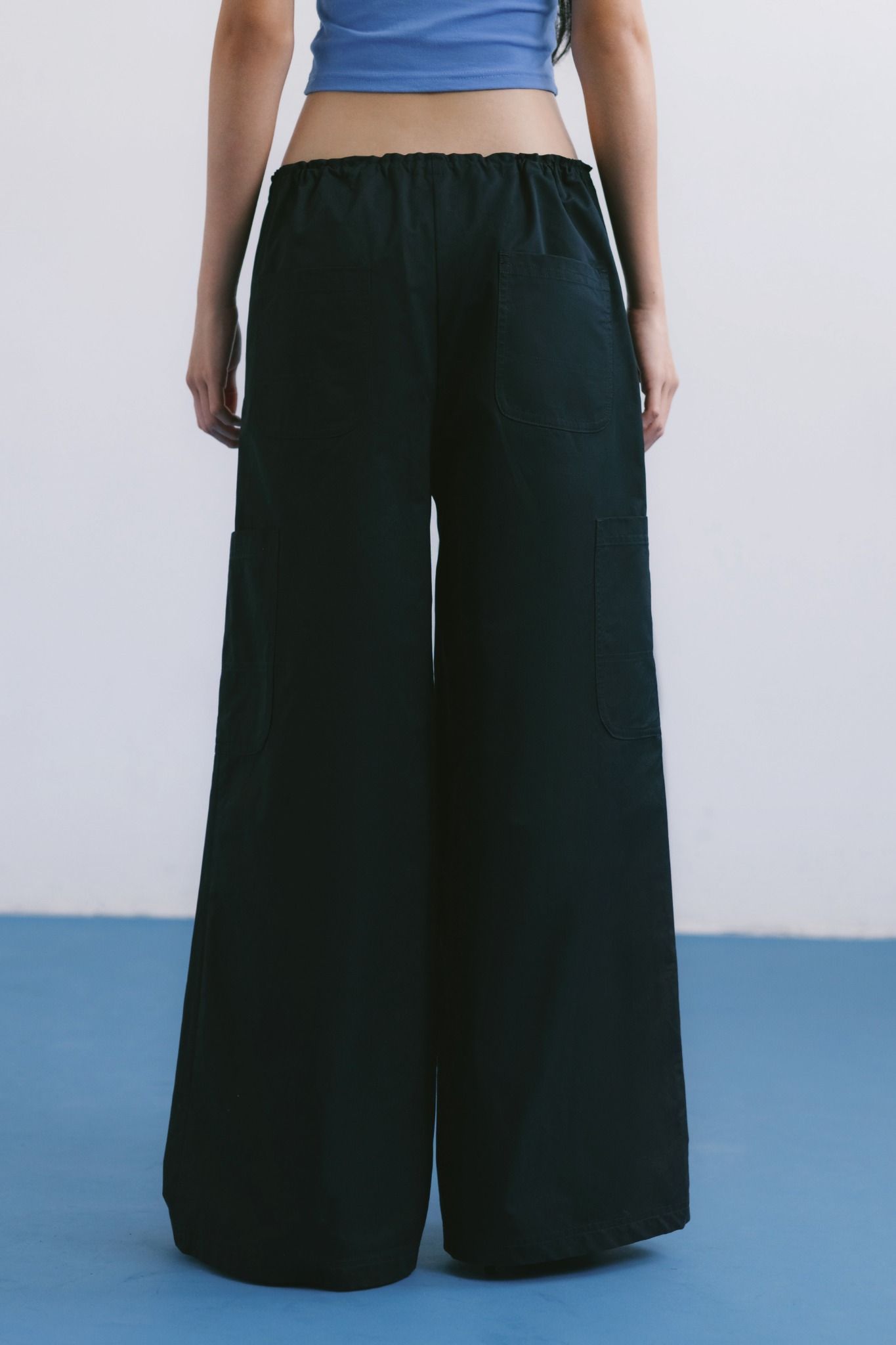  Black Drawstring Wide Leg Cargo Pants 