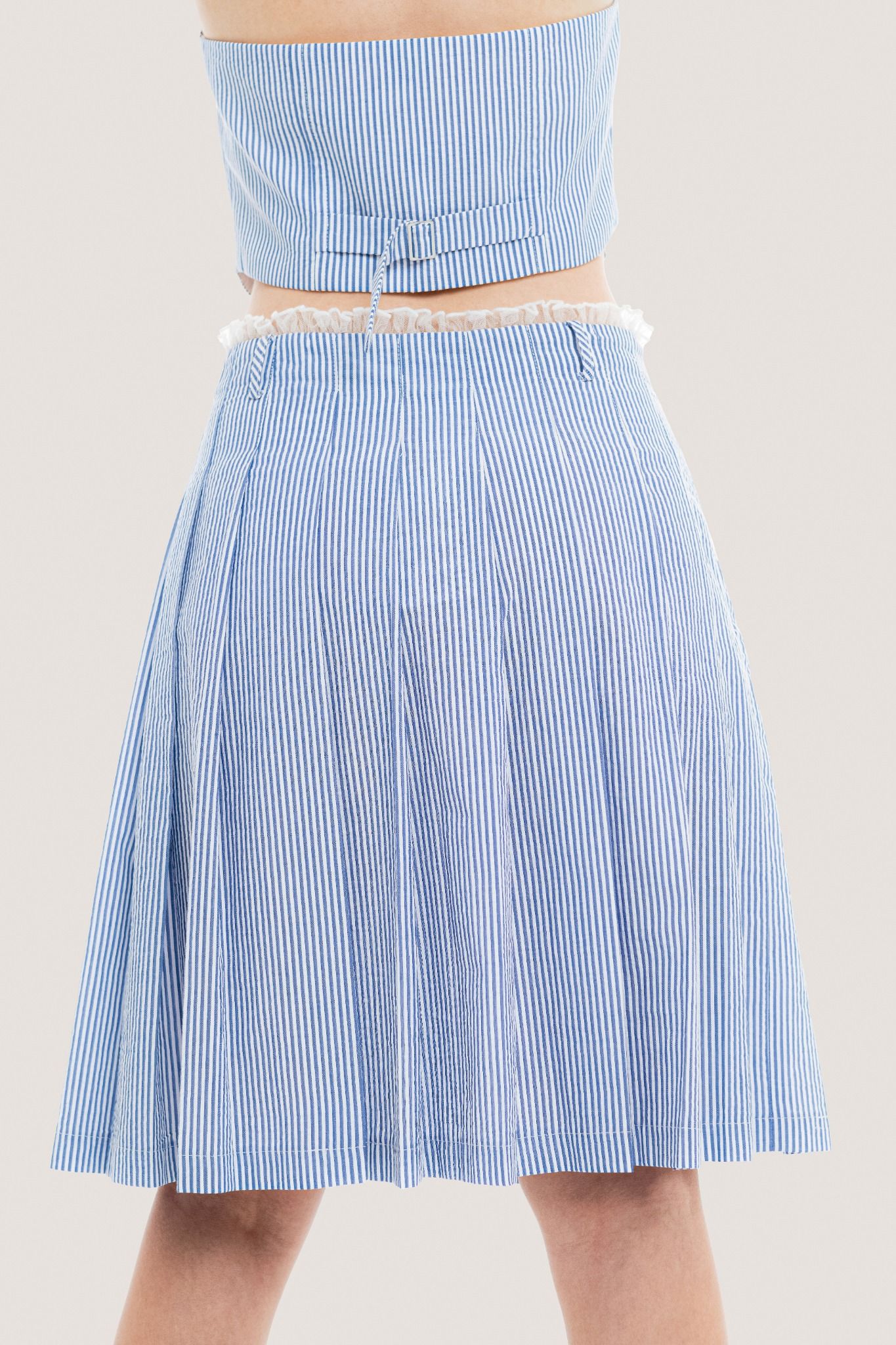  Pinstriped Pleated Seersucker Mini Skirt 