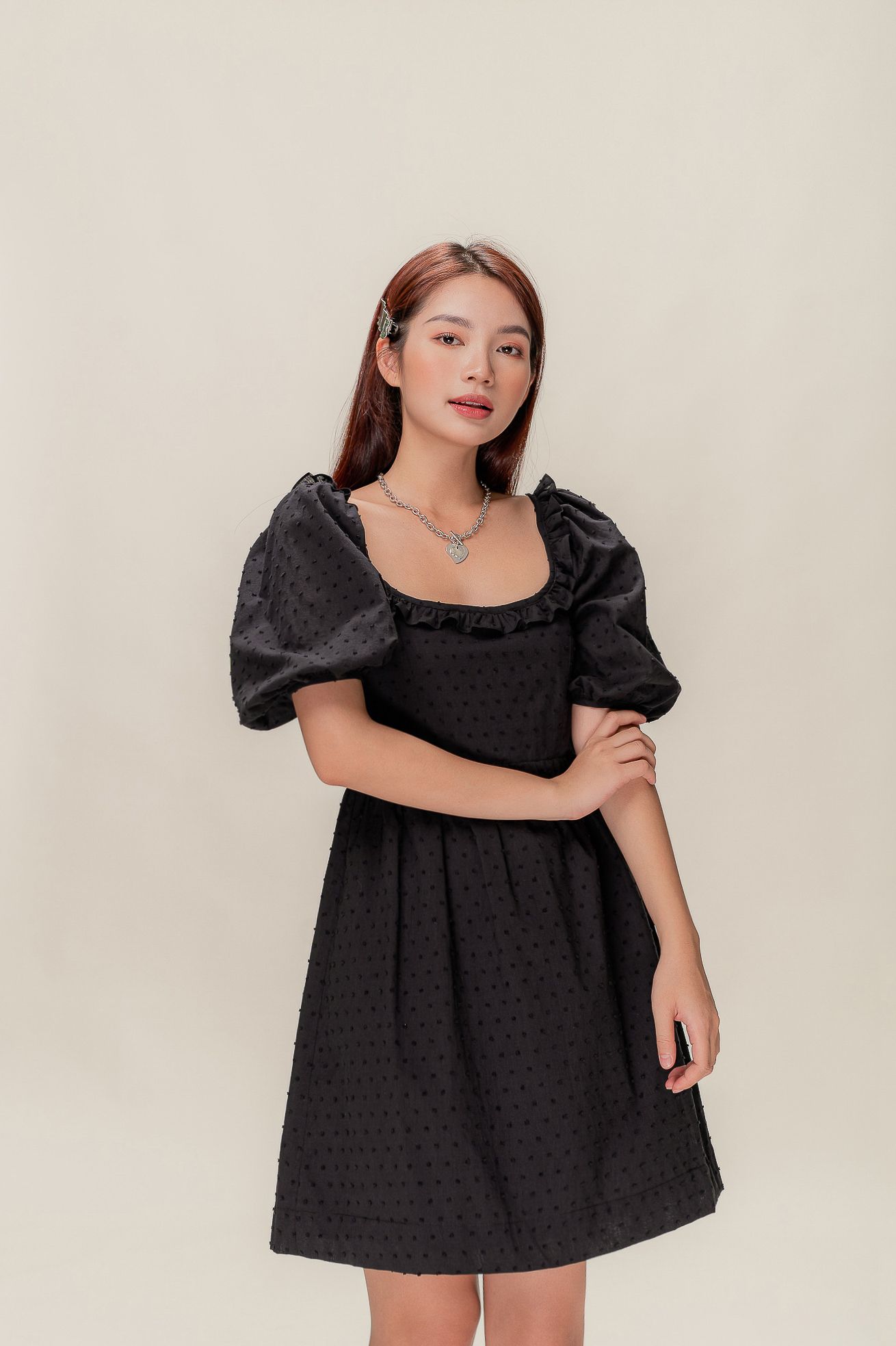  Black Puff Sleeve Dotted Mini Dress 