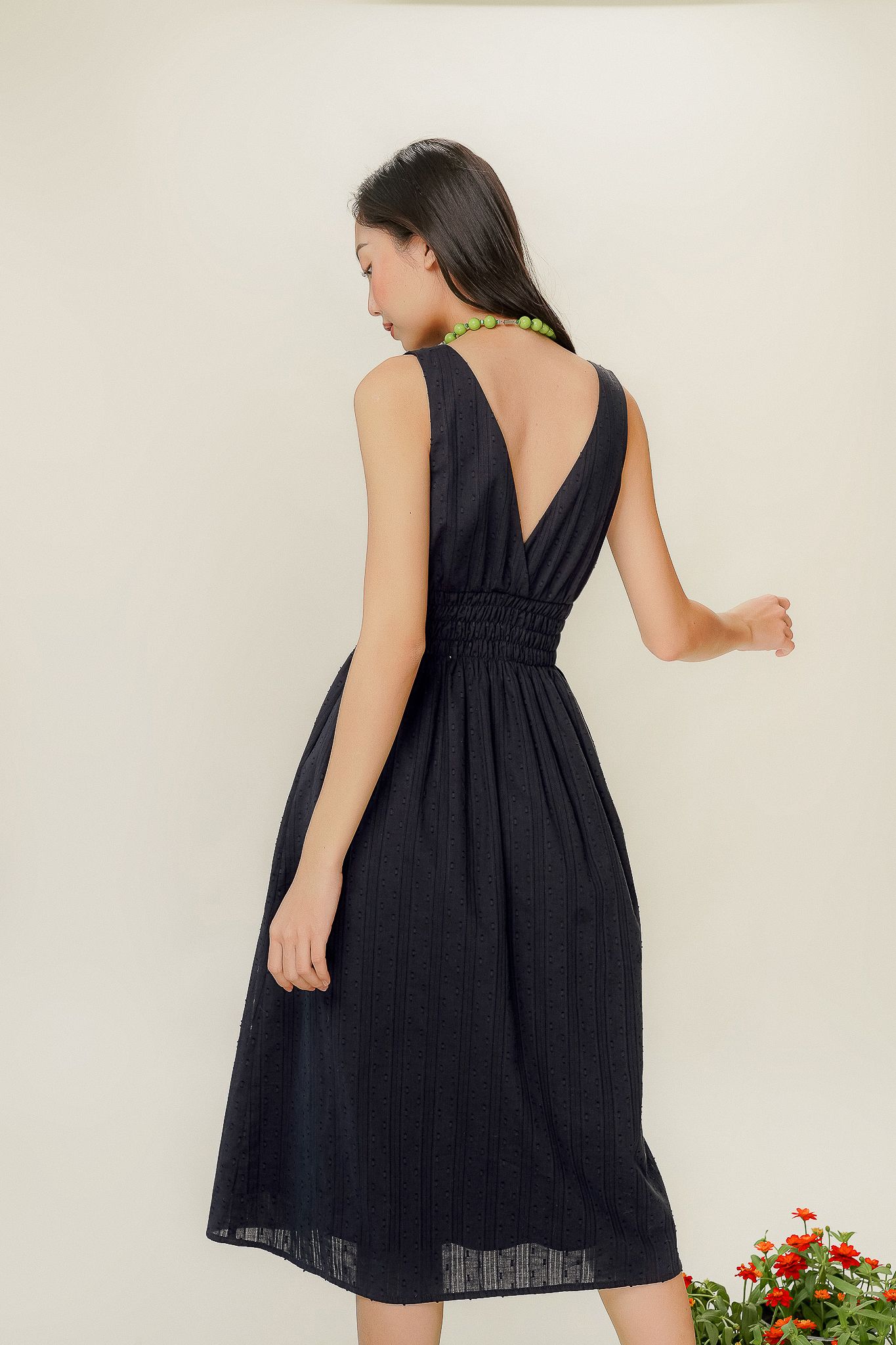  Navy Ruched Textured Midi Dress 