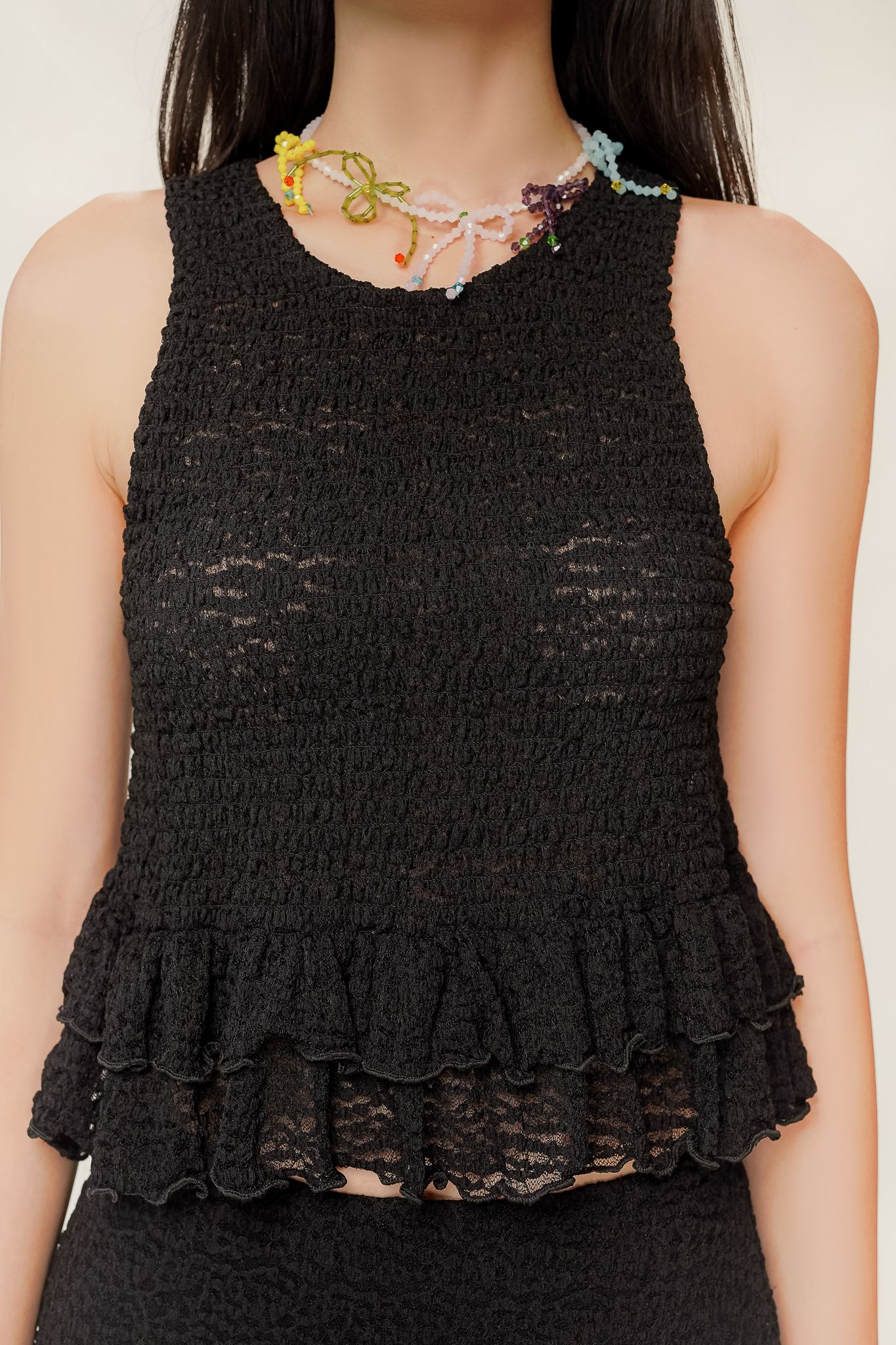  Black Sleeveless Lace Smock Top 