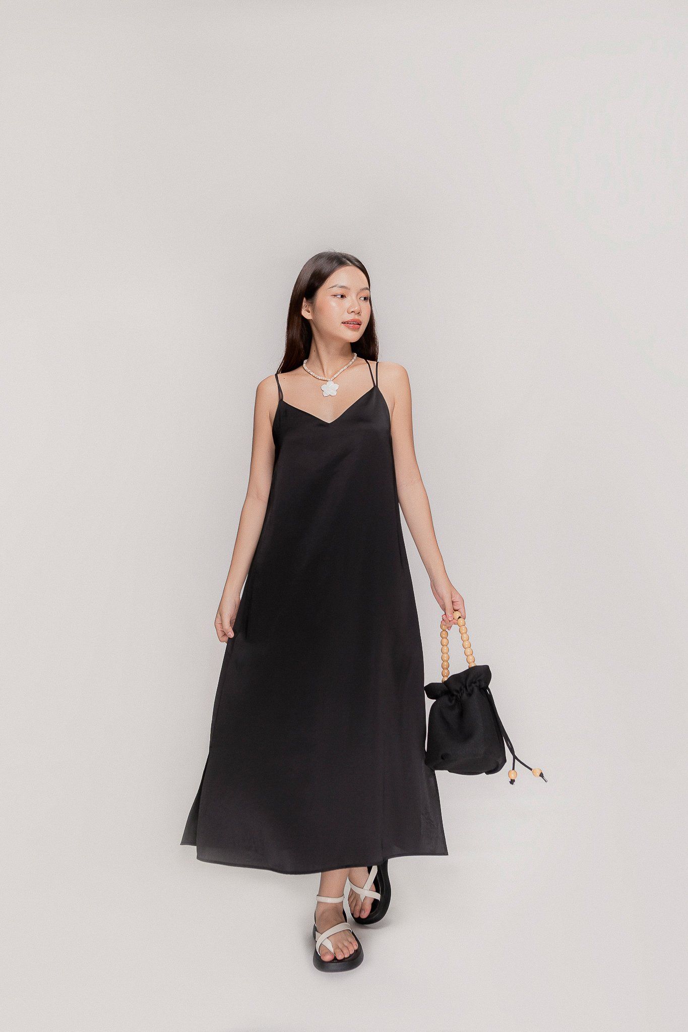  Black Silky Midi Slip Dress 