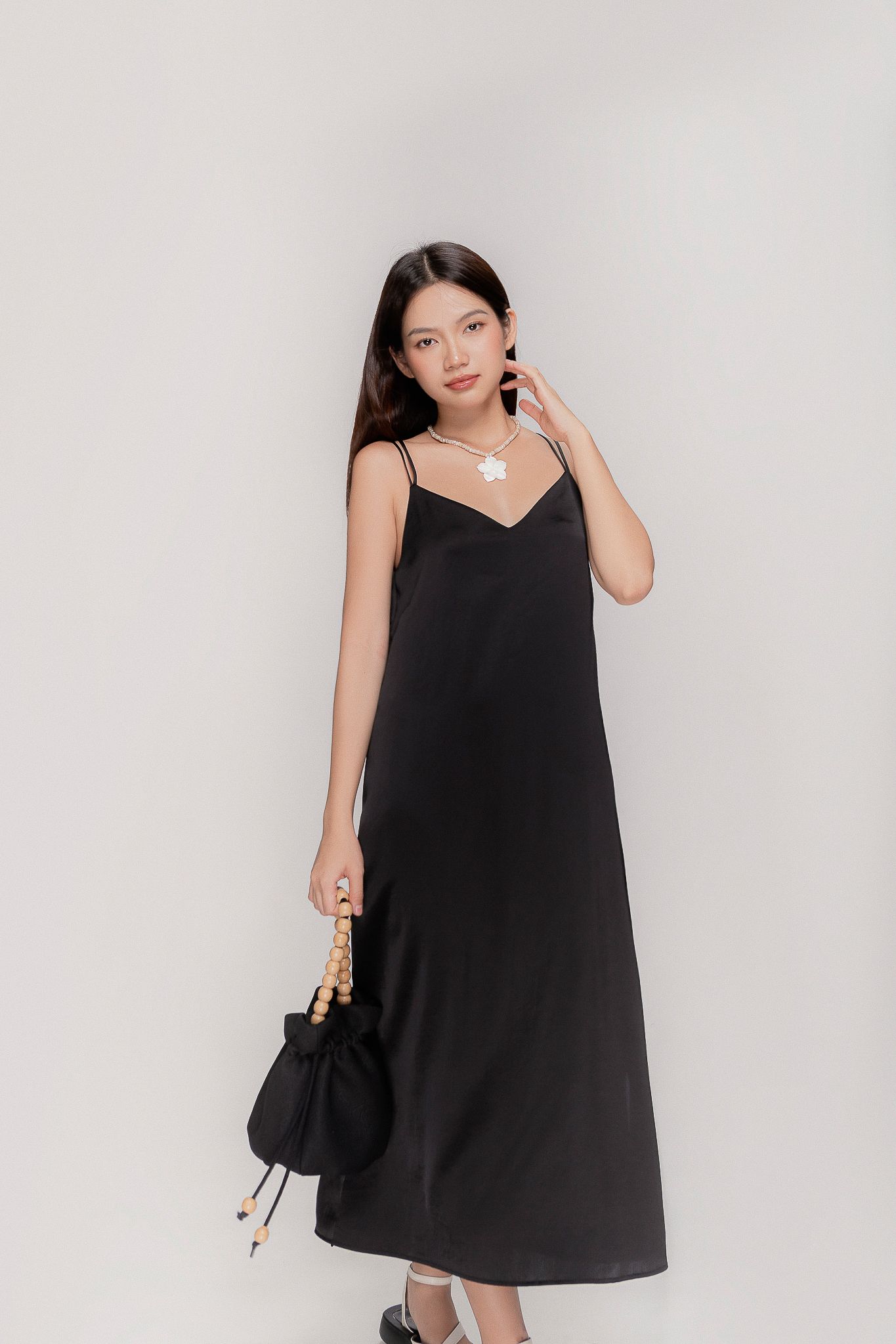  Black Silky Midi Slip Dress 