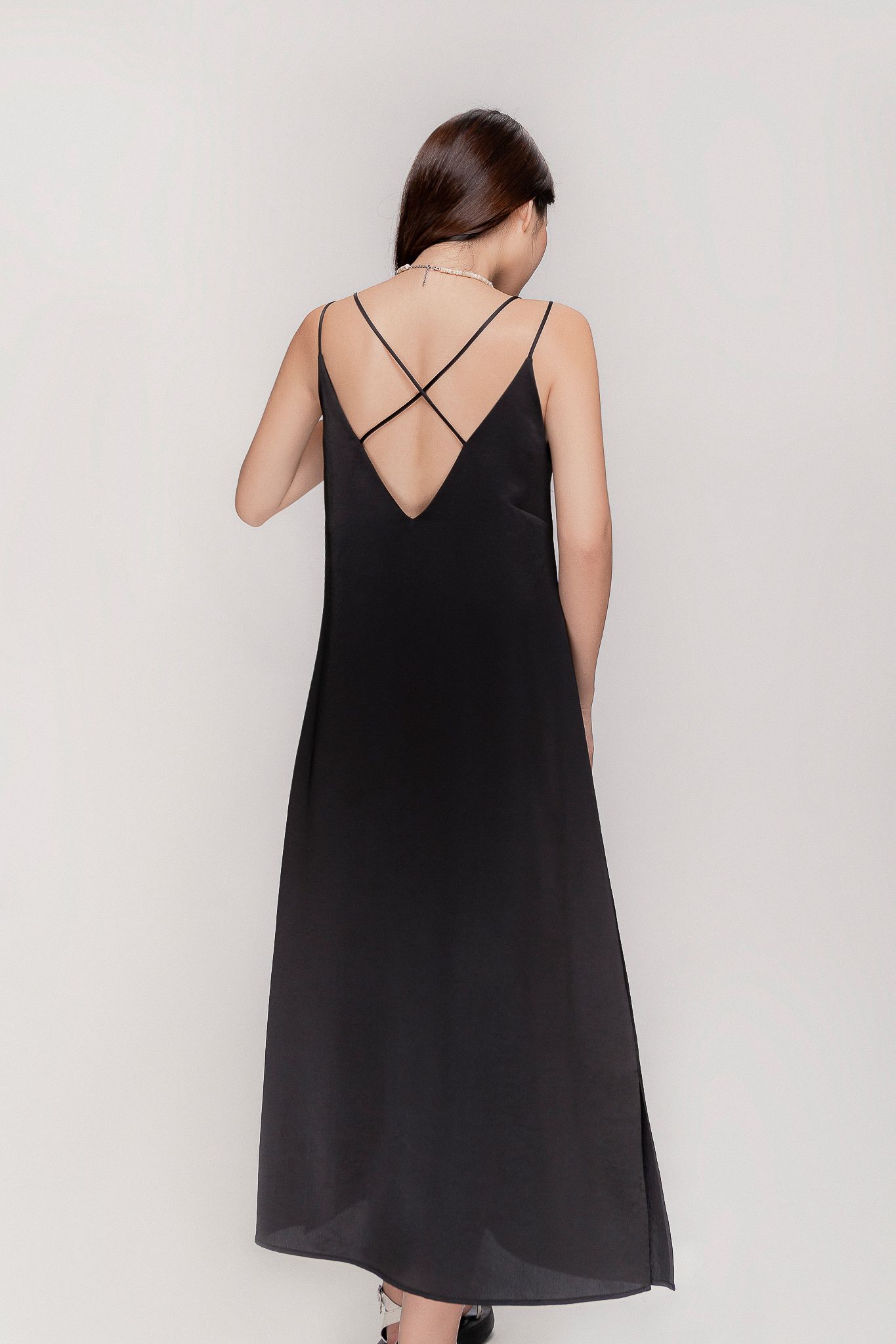  Black Silky Midi Slip Dress 