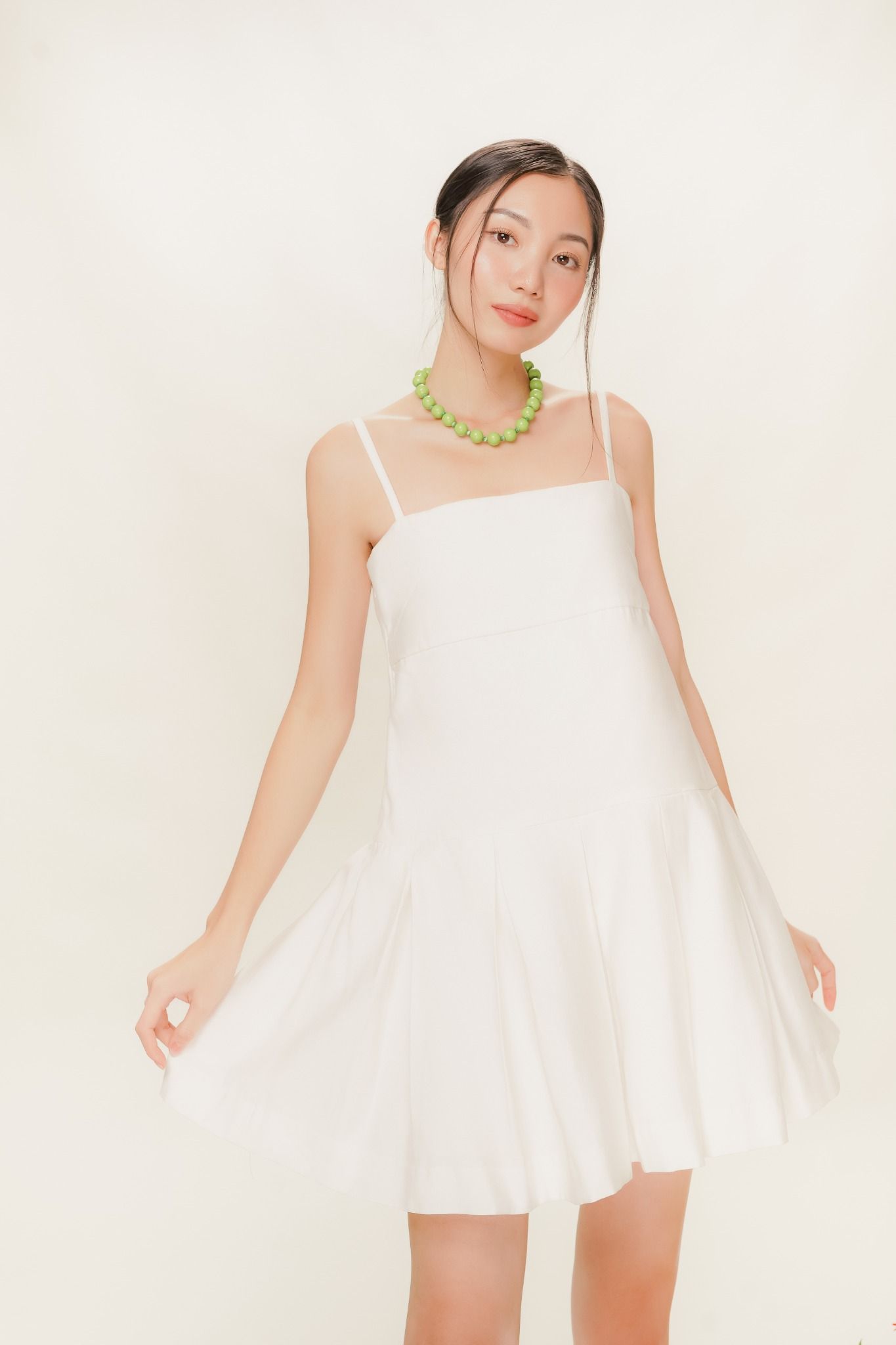  White Pleated Cami Mini Dress 