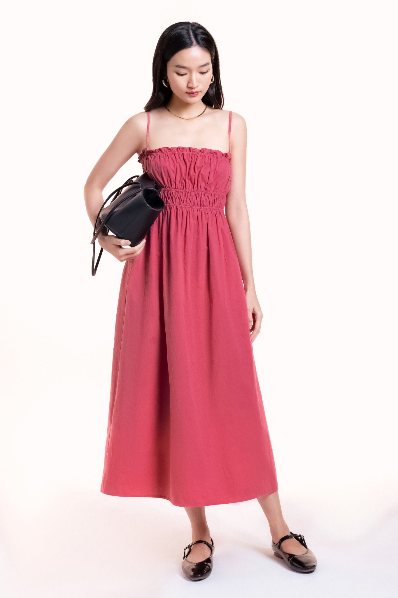  Pink Smock Strappy Midi Dress 