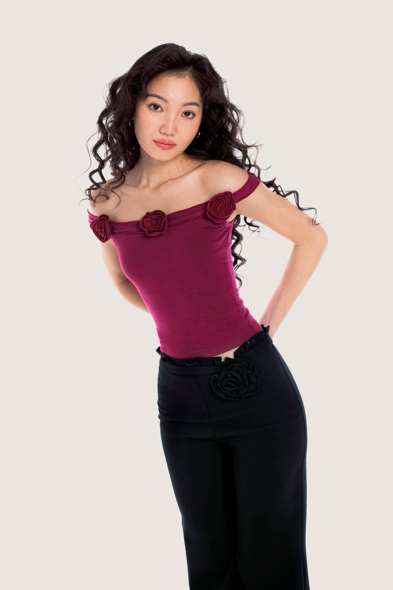  Magenta Floral Embellished Off Shoulder Top 