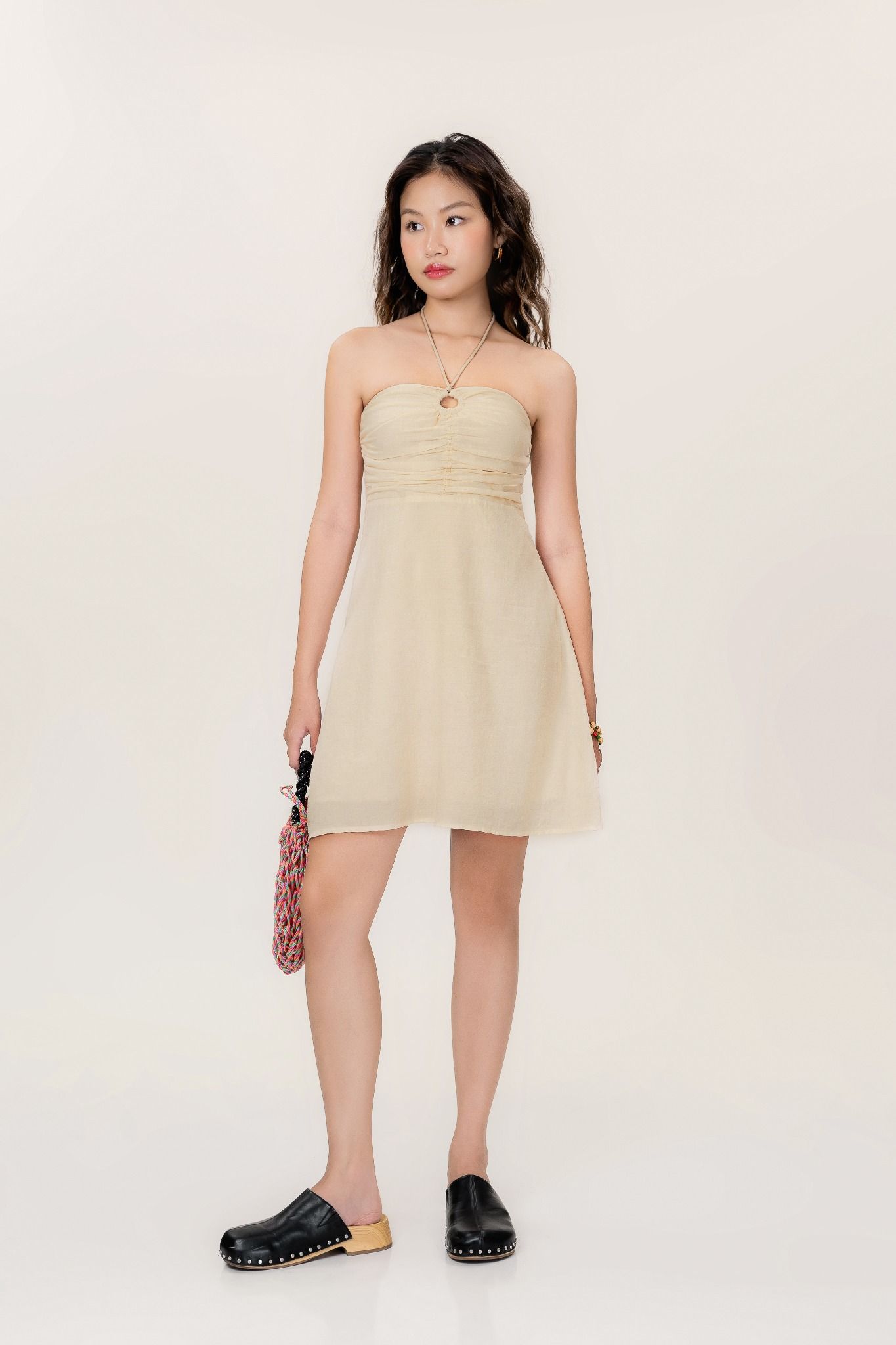  Ivory Keyhole Ruched Mini Dress 