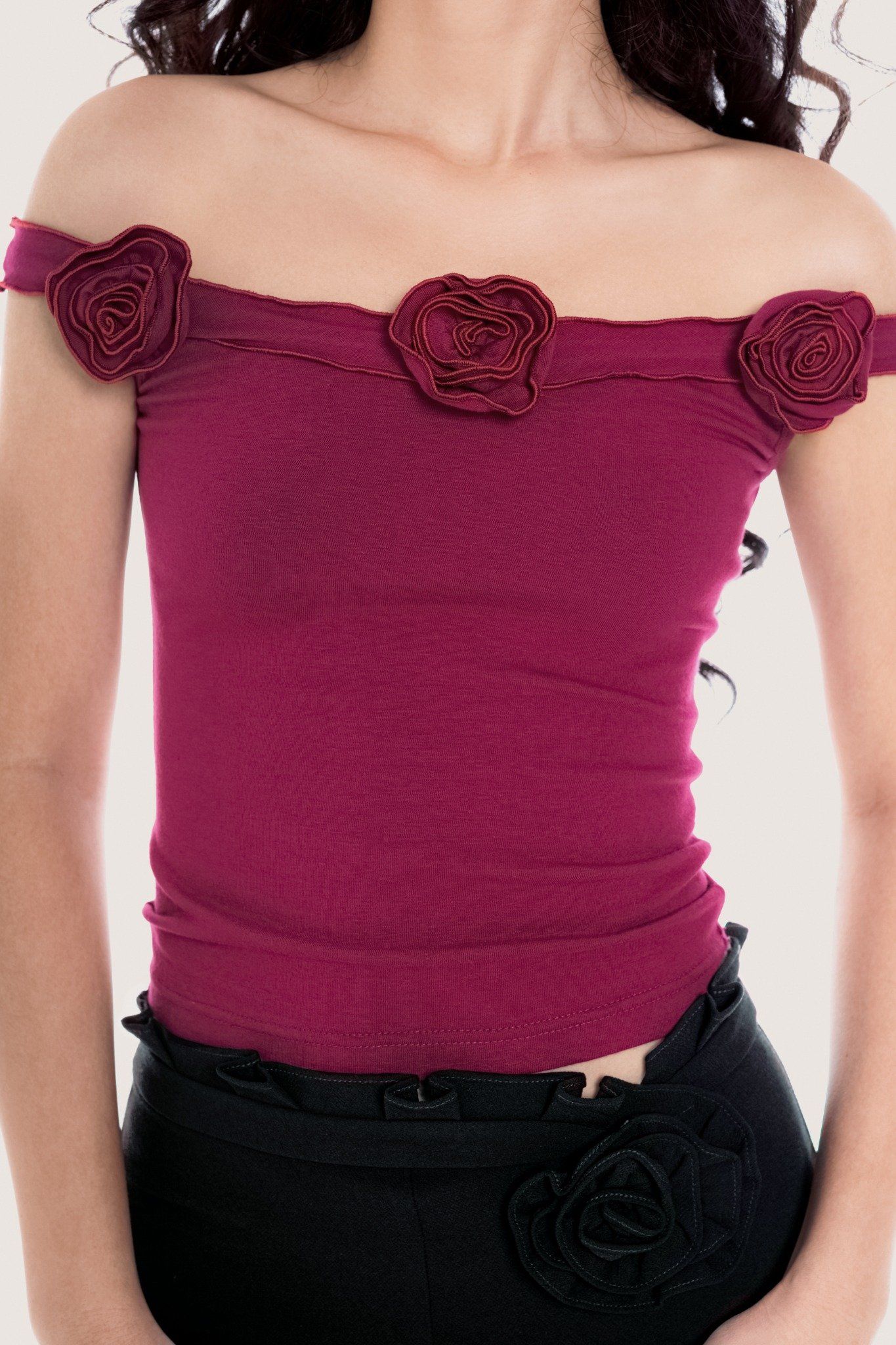  Magenta Floral Embellished Off Shoulder Top 