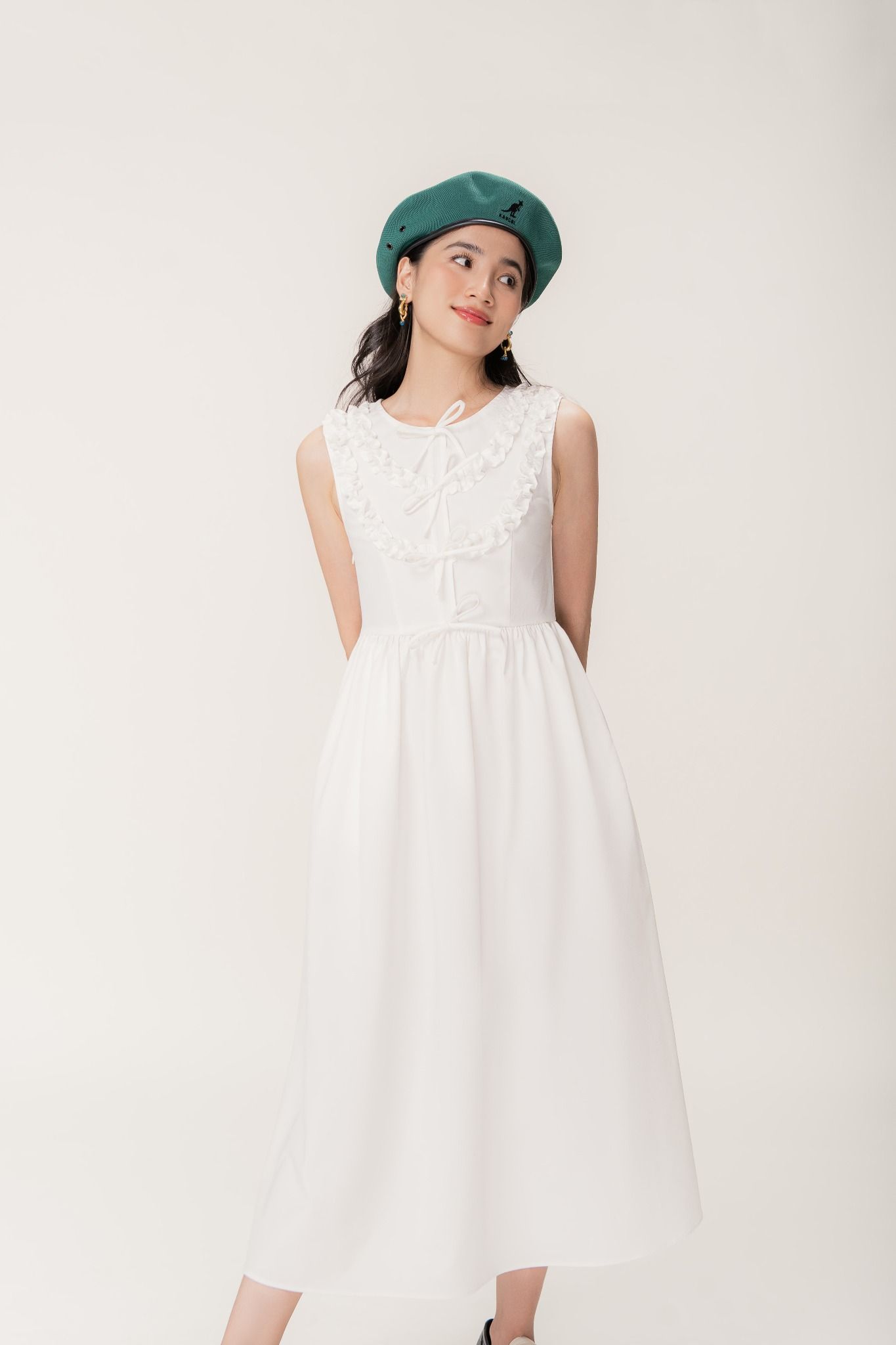 White Tiefront Ruffle Midi Dress LIBÉ