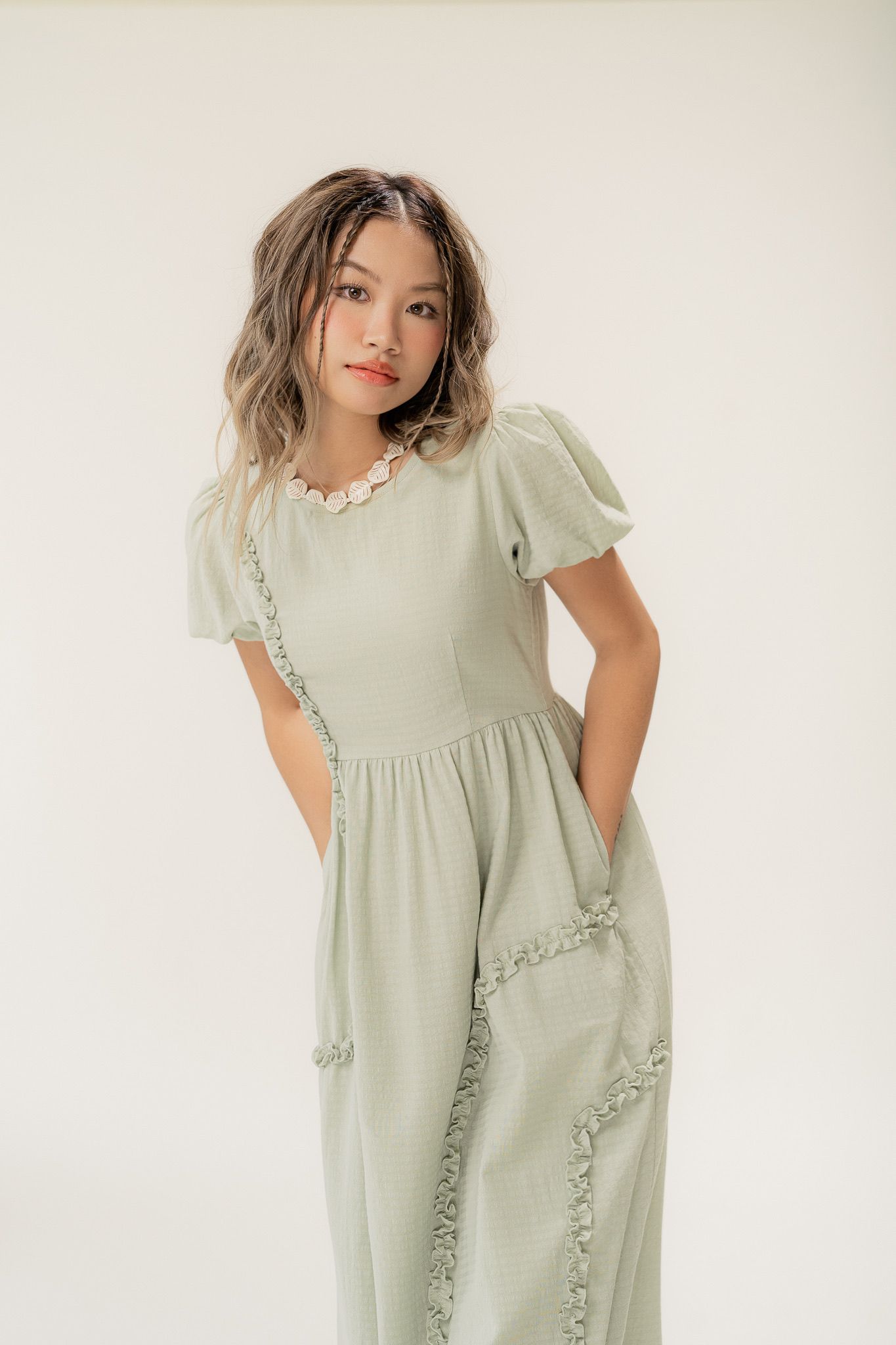  Mint Puff Sleeve Midi Dress With Ruffle 