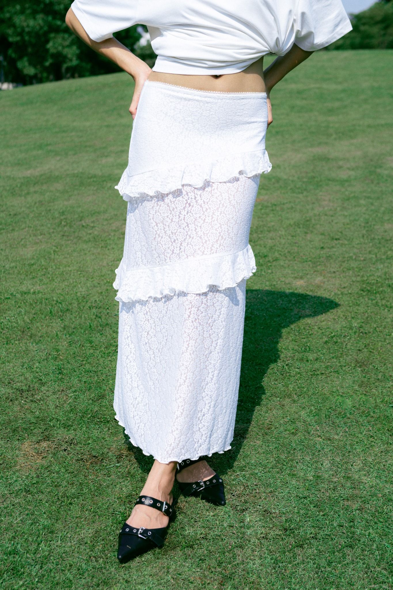  White Low Rise Ruffle Lace Midi Skirt 