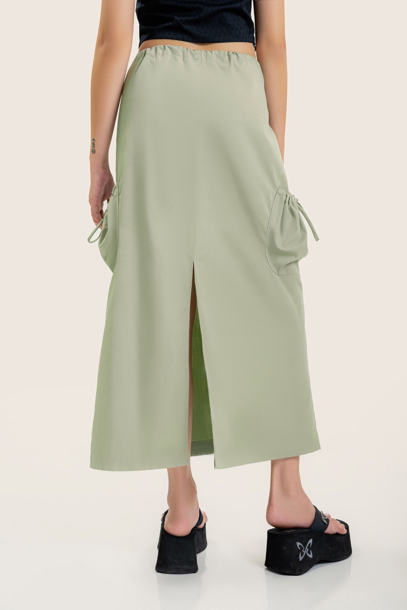  Green Khaki Drawstring Maxi Skirt 