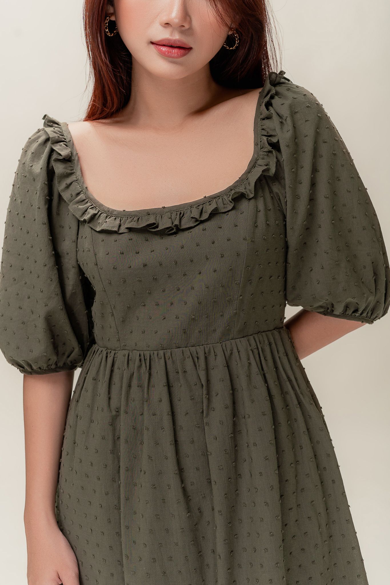  Olive Puff Sleeve Dotted Mini Dress 