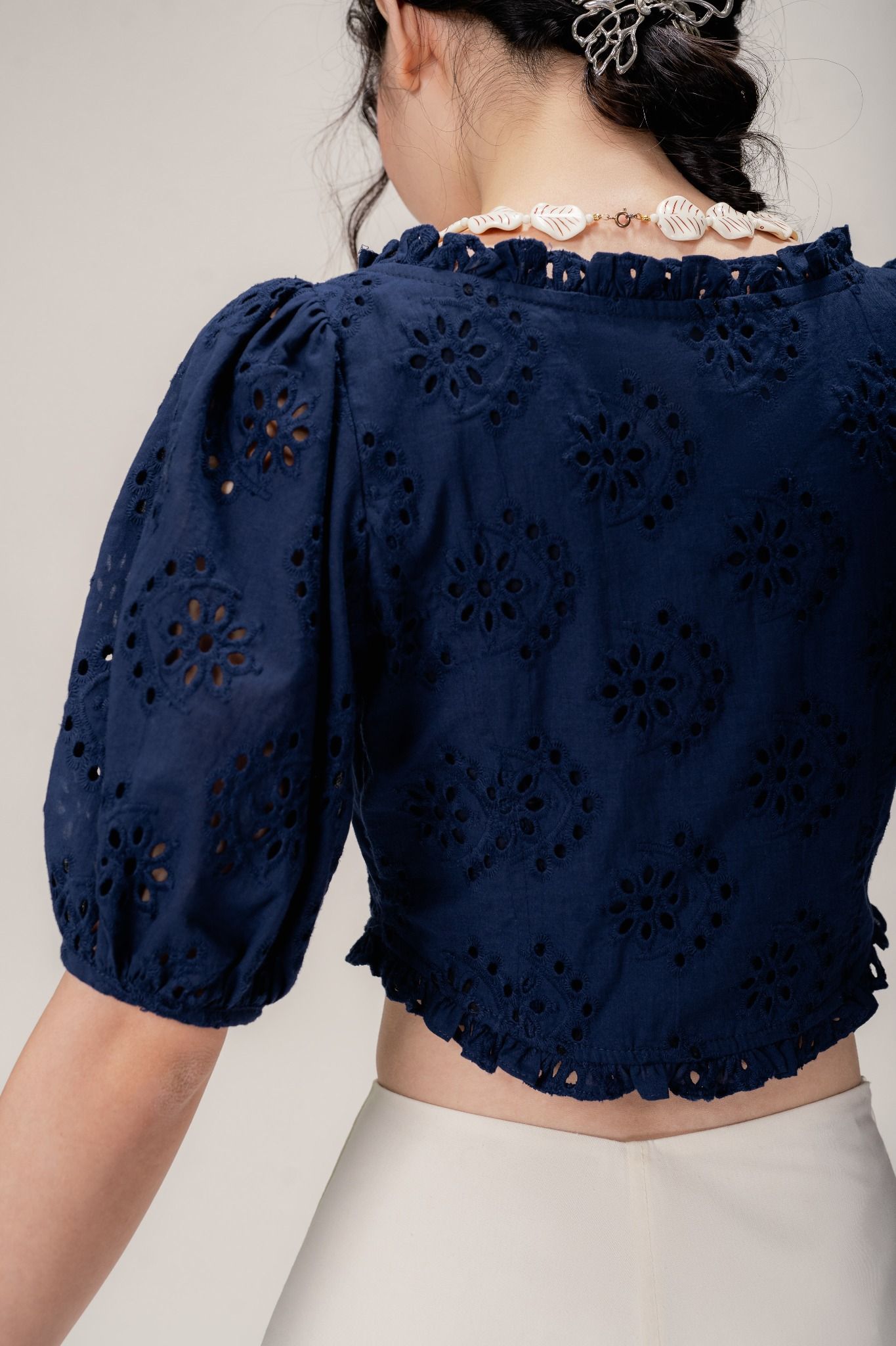  Navy Embroidered Puff Sleeve Blouse 