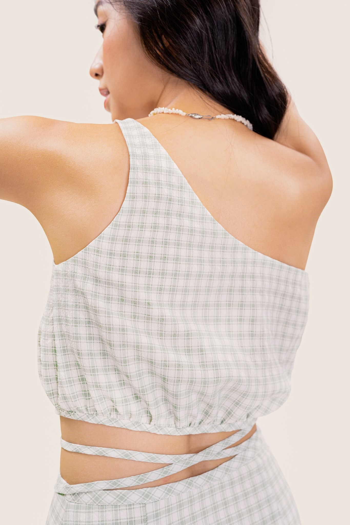  Green Checked One Shoulder Crop Top 