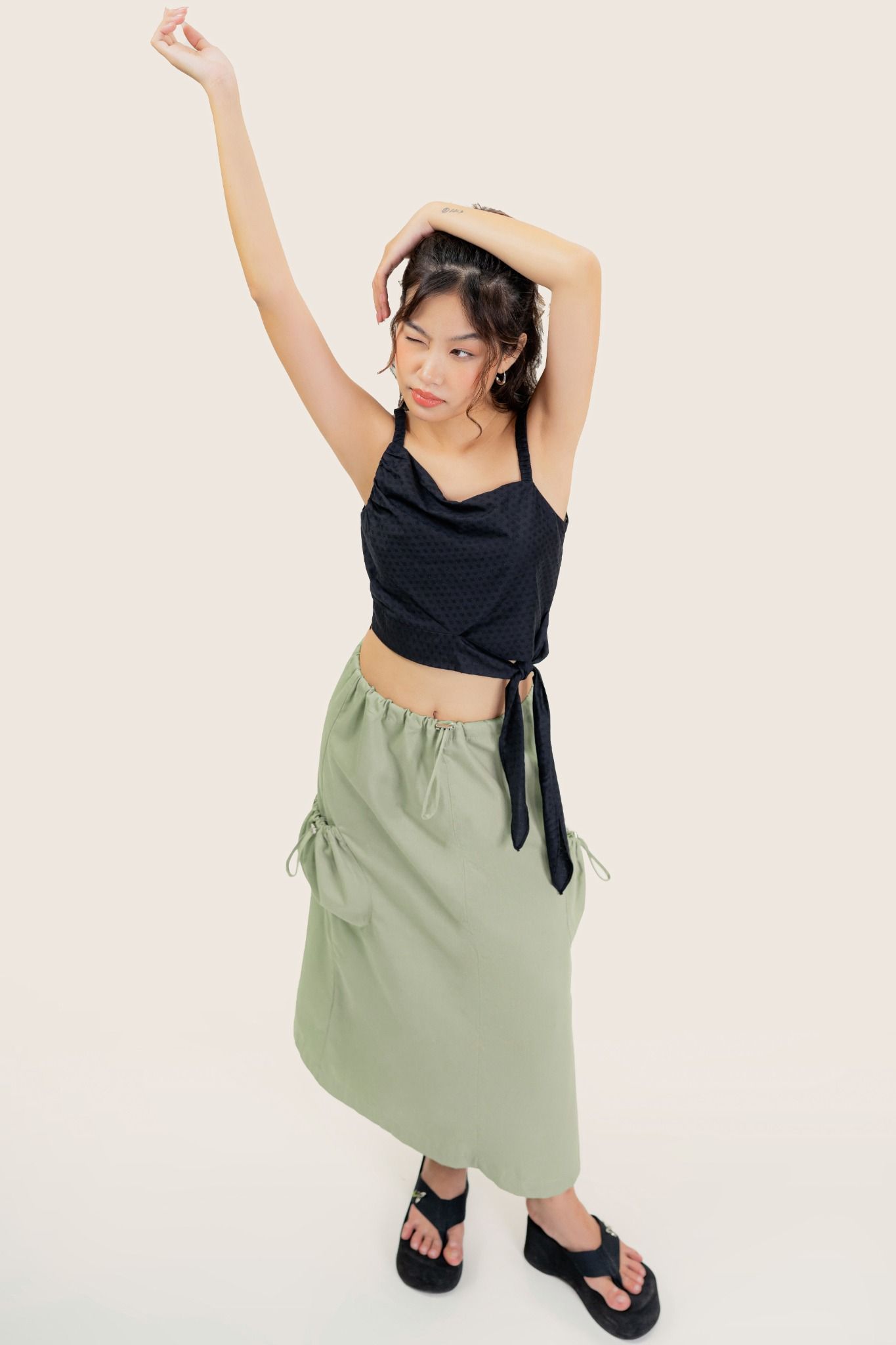  Green Khaki Drawstring Maxi Skirt 