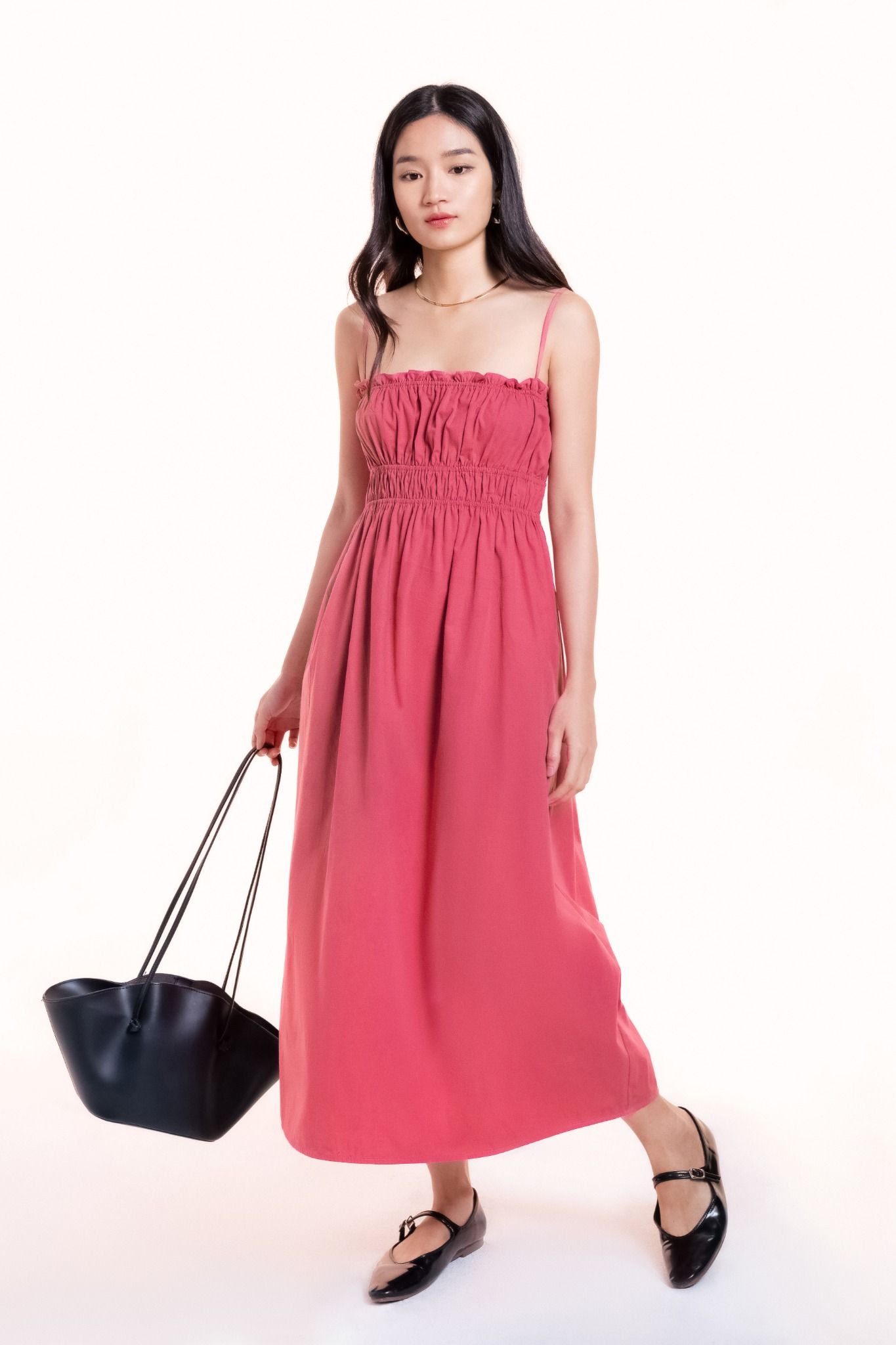  Pink Smock Strappy Midi Dress 